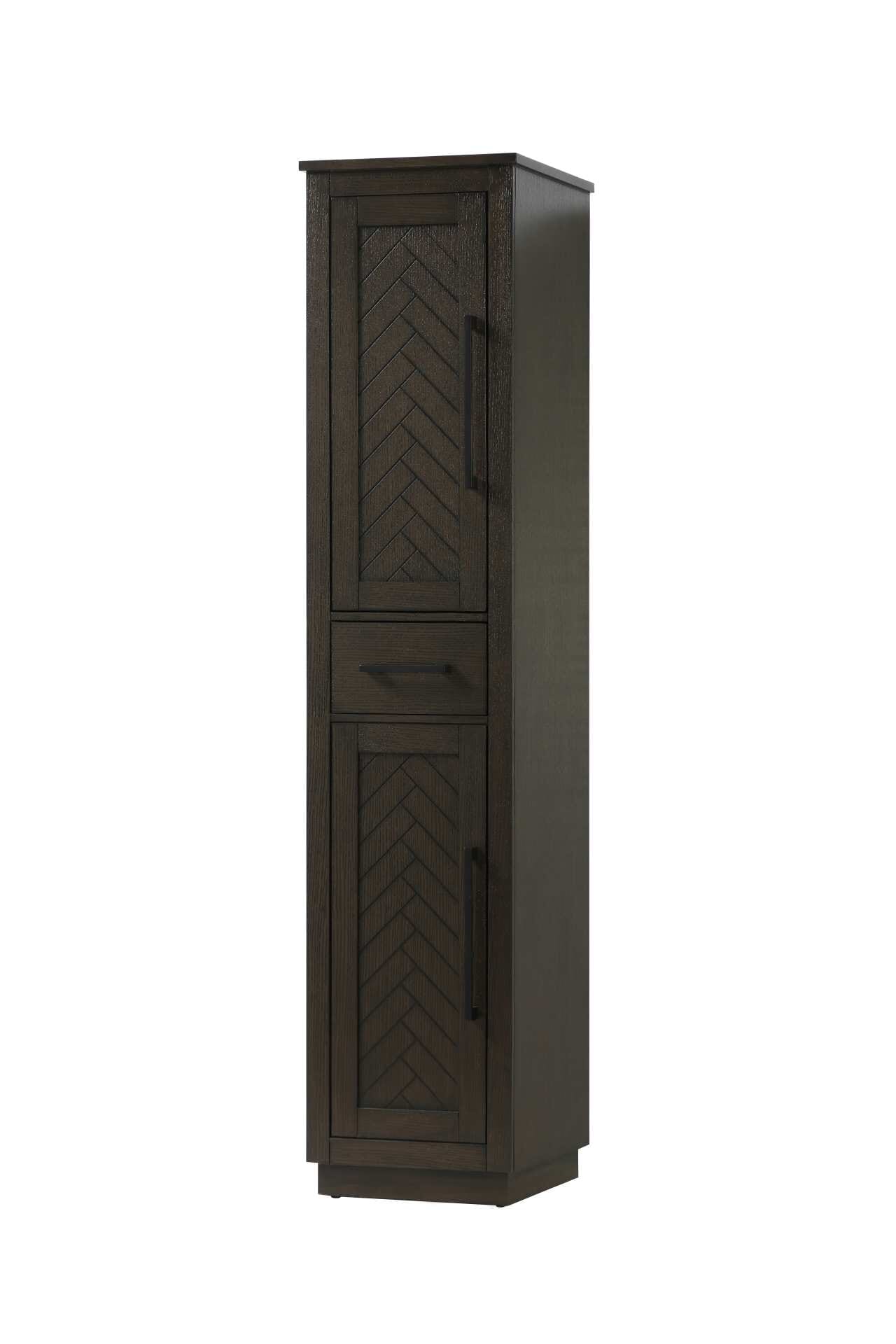 Specification Sheet
Dimensions
Length: 16"
Width: 18"
Height: 72"
Table Top Width: 16"
Specifications
Assembly Required: NO
Distressed Finish: YES
Finish (Color): Chocolate Oak
Cabinet Material: Solid Wood and MDF
Hardware Finish: Matte Black
Harware Material: Aluminum alloy
Product Shape: Rectangle
Product Type: Bathroom Storage Cabinet
Product Warranty: 1 year limited
120
Wire Included: No
Wood Type: Rubberwood
Shipment type: Oversized Ground
Drawers
Drawers Included: Yes
Number of Drawers: 1
False Drawers: NO
Drawer Width: 11.4
Drawer Depth: 14
Drawer Height: 6.3
Drawer Handle Designs: Bar pulls
Shelves
Number of Shelves: 3
Shelf Width: 11.7
Cabinets
Number of Cabinets: 2
Cabinet Interior Width: 11.7
Cabinet Interior Depth: 17.6
Cabinet Interior Height: 28.9 - alternate view