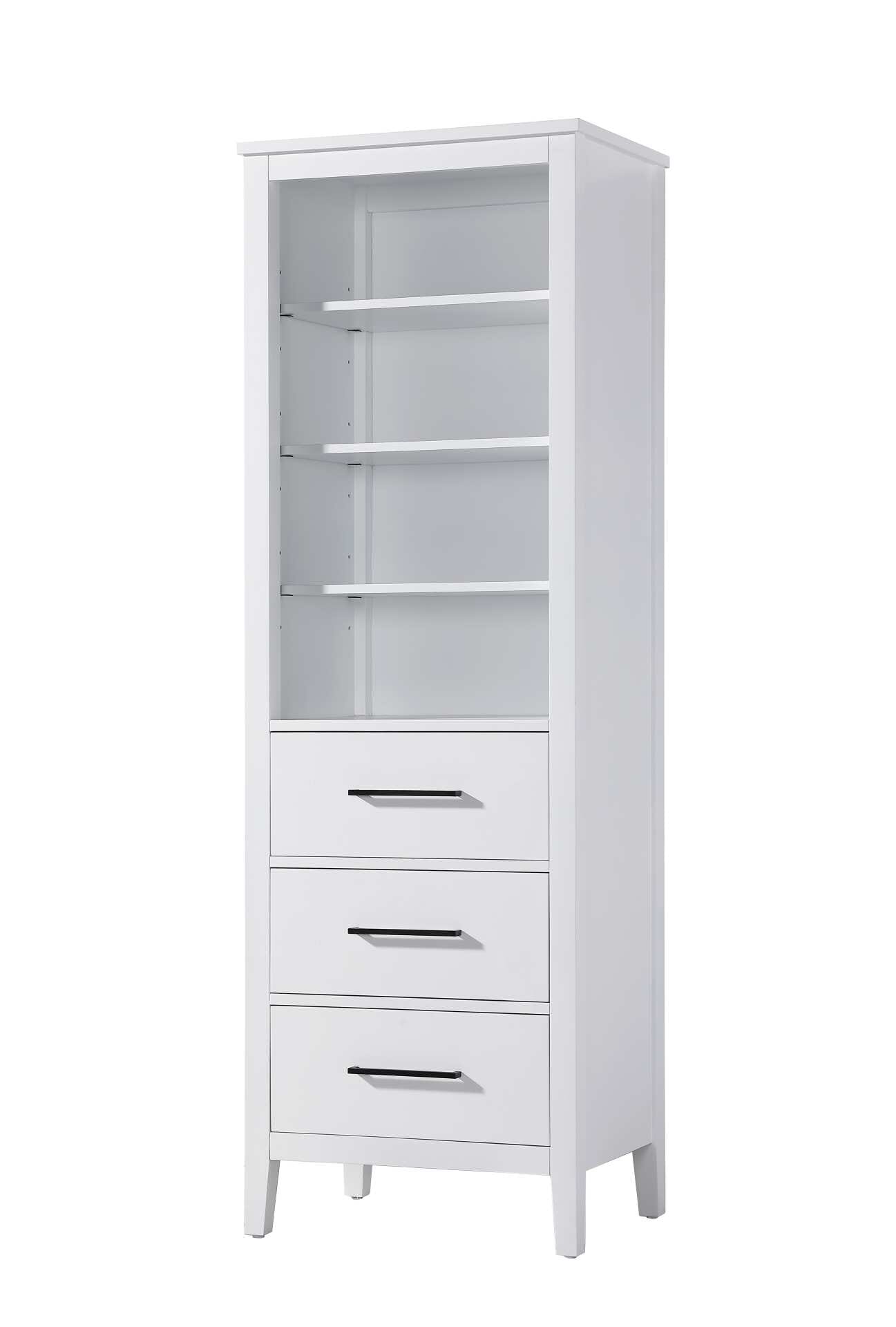 Dimensions
Length: 24"
Width: 18"
Height: 72"
Extension:
Depth:
Table Top Width: 24"
Specifications
Assembly Required: NO
Distressed Finish: NO
Finish (Color): White
Cabinet Material: MDF and Solid wood
Hardware Finish: Black
Harware Material: Aluminum alloy
Product Shape: Rectangle
Product Type: Bathroom Storage Cabinet
Product Warranty: 1 year limited
150
Wire Included: No
Wood Type: rubberwood
Shipment type: LTL
Drawers
Drawers Included: YES
Number of Drawers: 3
False Drawers: NO
Drawer Width: 19.375
Drawer Depth: 15.125
Drawer Height: 8.375
Drawer Handle Designs: Bar pull
Shelves
Number of Shelves: 3
Shelf Width: 21.25
Cabinets
Number of Cabinets: 0
Cabinet Interior Width:
Cabinet Interior Depth:
Cabinet Interior Height: - alternate view