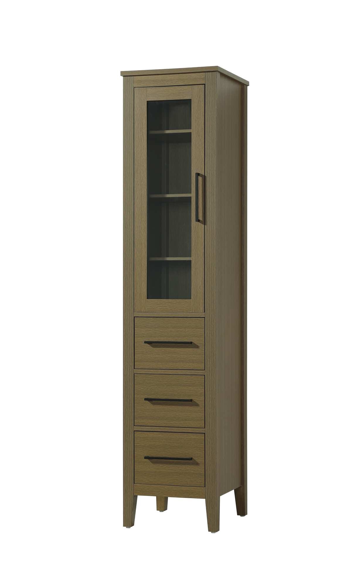 Dimensions
Length: 16"
Width: 18"
Height: 72"
Extension:
Depth:
Table Top Width: 16"
Specifications
Assembly Required: NO
Distressed Finish: NO
Finish (Color): Chestnut Brown
Cabinet Material: MDF and Solid wood and glass
Hardware Finish: Black
Harware Material: Aluminum alloy
Product Shape: Rectangle
Product Type: Bathroom Storage Cabinet
Product Warranty: 1 year limited
125
Wire Included: No
Wood Type: rubberwood
Shipment type: LTL
Drawers
Drawers Included: YES
Number of Drawers: 3
False Drawers: NO
Drawer Width: 11.25
Drawer Depth: 15.125
Drawer Height: 8.375
Drawer Handle Designs: Bar pull
Shelves
Number of Shelves: 3
Shelf Width: 13.25
Cabinets
Number of Cabinets: 1
Cabinet Interior Width: 11.25
Cabinet Interior Depth: 17.32
Cabinet Interior Height: 35.25 - alternate view