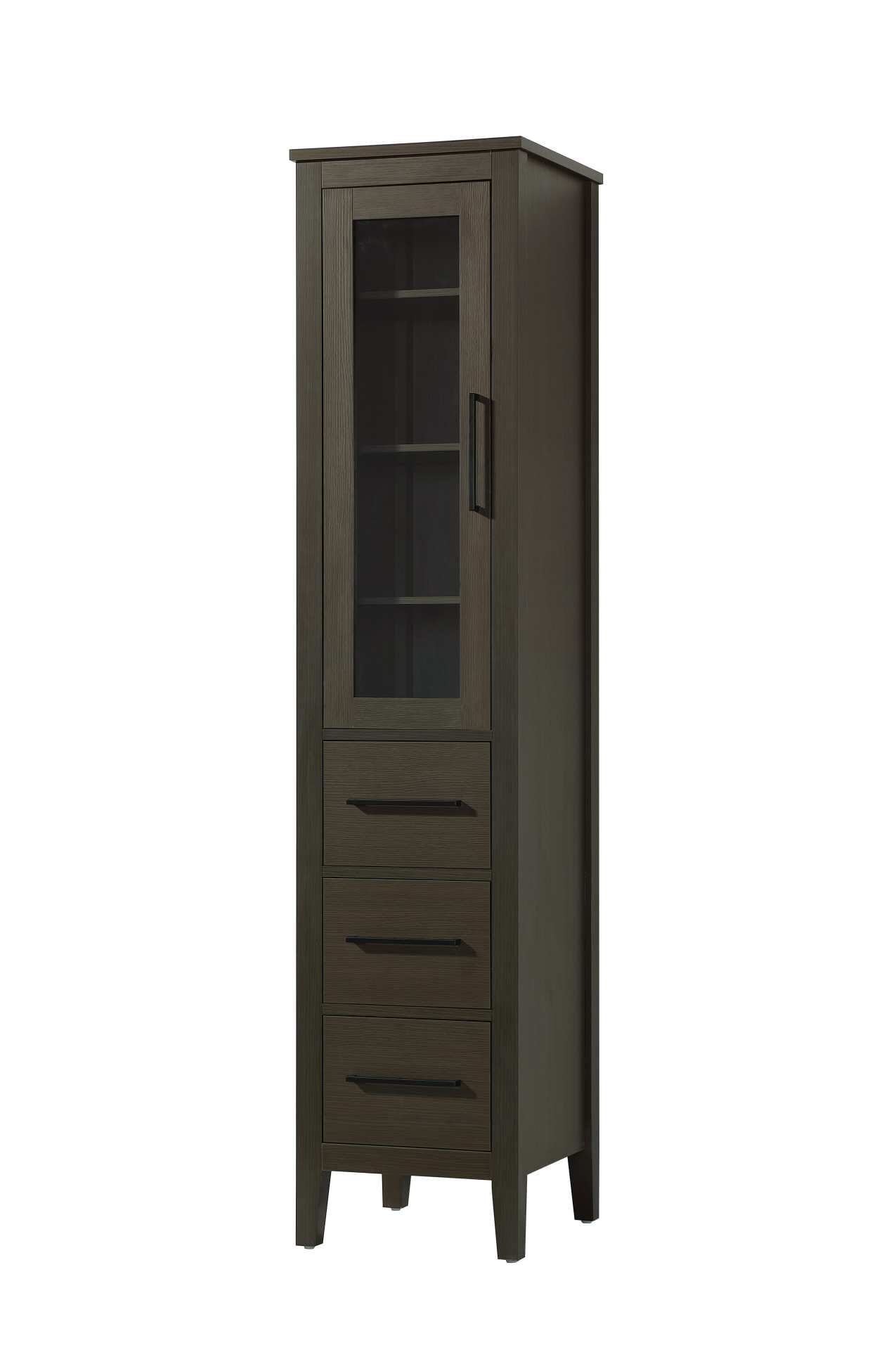Dimensions
Length: 16"
Width: 18"
Height: 72"
Extension:
Depth:
Table Top Width: 16"
Specifications
Assembly Required: NO
Distressed Finish: NO
Finish (Color): Mocha Brown
Cabinet Material: MDF and Solid wood and glass
Hardware Finish: Black
Harware Material: Aluminum alloy
Product Shape: Rectangle
Product Type: Bathroom Storage Cabinet
Product Warranty: 1 year limited
125
Wire Included: No
Wood Type: rubberwood
Shipment type: LTL
Drawers
Drawers Included: YES
Number of Drawers: 3
False Drawers: NO
Drawer Width: 11.25
Drawer Depth: 15.125
Drawer Height: 8.375
Drawer Handle Designs: Bar pull
Shelves
Number of Shelves: 3
Shelf Width: 13.25
Cabinets
Number of Cabinets: 1
Cabinet Interior Width: 11.25
Cabinet Interior Depth: 17.32
Cabinet Interior Height: 35.25 - alternate view