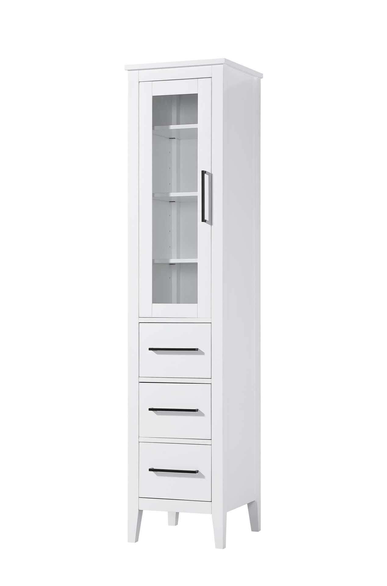 Dimensions
Length: 16"
Width: 18"
Height: 72"
Extension:
Depth:
Table Top Width: 16"
Specifications
Assembly Required: NO
Distressed Finish: NO
Finish (Color): White
Cabinet Material: MDF and Solid wood and glass
Hardware Finish: Black
Harware Material: Aluminum alloy
Product Shape: Rectangle
Product Type: Bathroom Storage Cabinet
Product Warranty: 1 year limited
125
Wire Included: No
Wood Type: rubberwood
Shipment type: LTL
Drawers
Drawers Included: YES
Number of Drawers: 3
False Drawers: NO
Drawer Width: 11.25
Drawer Depth: 15.125
Drawer Height: 8.375
Drawer Handle Designs: Bar pull
Shelves
Number of Shelves: 3
Shelf Width: 13.25
Cabinets
Number of Cabinets: 1
Cabinet Interior Width: 11.25
Cabinet Interior Depth: 17.32
Cabinet Interior Height: 35.25 - alternate view