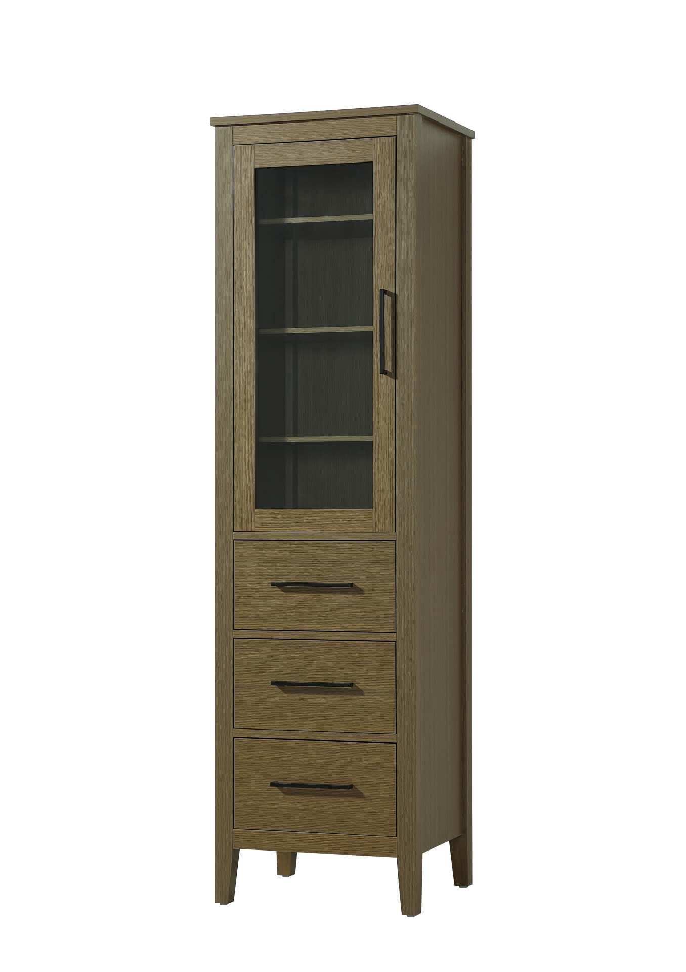 Dimensions
Length: 20"
Width: 18"
Height: 72"
Extension:
Depth:
Table Top Width: 20"
Specifications
Assembly Required: NO
Distressed Finish: NO
Finish (Color): Chestnut Brown
Cabinet Material: MDF and Solid wood and glass
Hardware Finish: Black
Harware Material: Aluminum alloy
Product Shape: Rectangle
Product Type: Bathroom Storage Cabinet
Product Warranty: 1 year limited
143
Wire Included: No
Wood Type: rubberwood
Shipment type: LTL
Drawers
Drawers Included: YES
Number of Drawers: 3
False Drawers: NO
Drawer Width: 15.375
Drawer Depth: 15.125
Drawer Height: 8.375
Drawer Handle Designs: Bar pull
Shelves
Number of Shelves: 3
Shelf Width: 17.25
Cabinets
Number of Cabinets: 1
Cabinet Interior Width: 15.375
Cabinet Interior Depth: 17.32
Cabinet Interior Height: 35.25 - alternate view