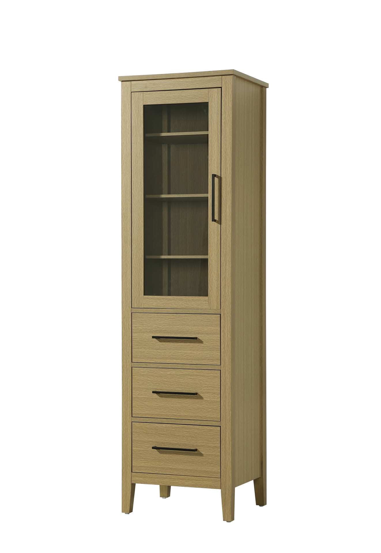 Dimensions
Length: 20"
Width: 18"
Height: 72"
Extension:
Depth:
Table Top Width: 20"
Specifications
Assembly Required: NO
Distressed Finish: NO
Finish (Color): Honey Brown
Cabinet Material: MDF and Solid wood and glass
Hardware Finish: Black
Harware Material: Aluminum alloy
Product Shape: Rectangle
Product Type: Bathroom Storage Cabinet
Product Warranty: 1 year limited
143
Wire Included: No
Wood Type: rubberwood
Shipment type: LTL
Drawers
Drawers Included: YES
Number of Drawers: 3
False Drawers: NO
Drawer Width: 15.375
Drawer Depth: 15.125
Drawer Height: 8.375
Drawer Handle Designs: Bar pull
Shelves
Number of Shelves: 3
Shelf Width: 17.25
Cabinets
Number of Cabinets: 1
Cabinet Interior Width: 15.375
Cabinet Interior Depth: 17.32
Cabinet Interior Height: 35.25 - alternate view