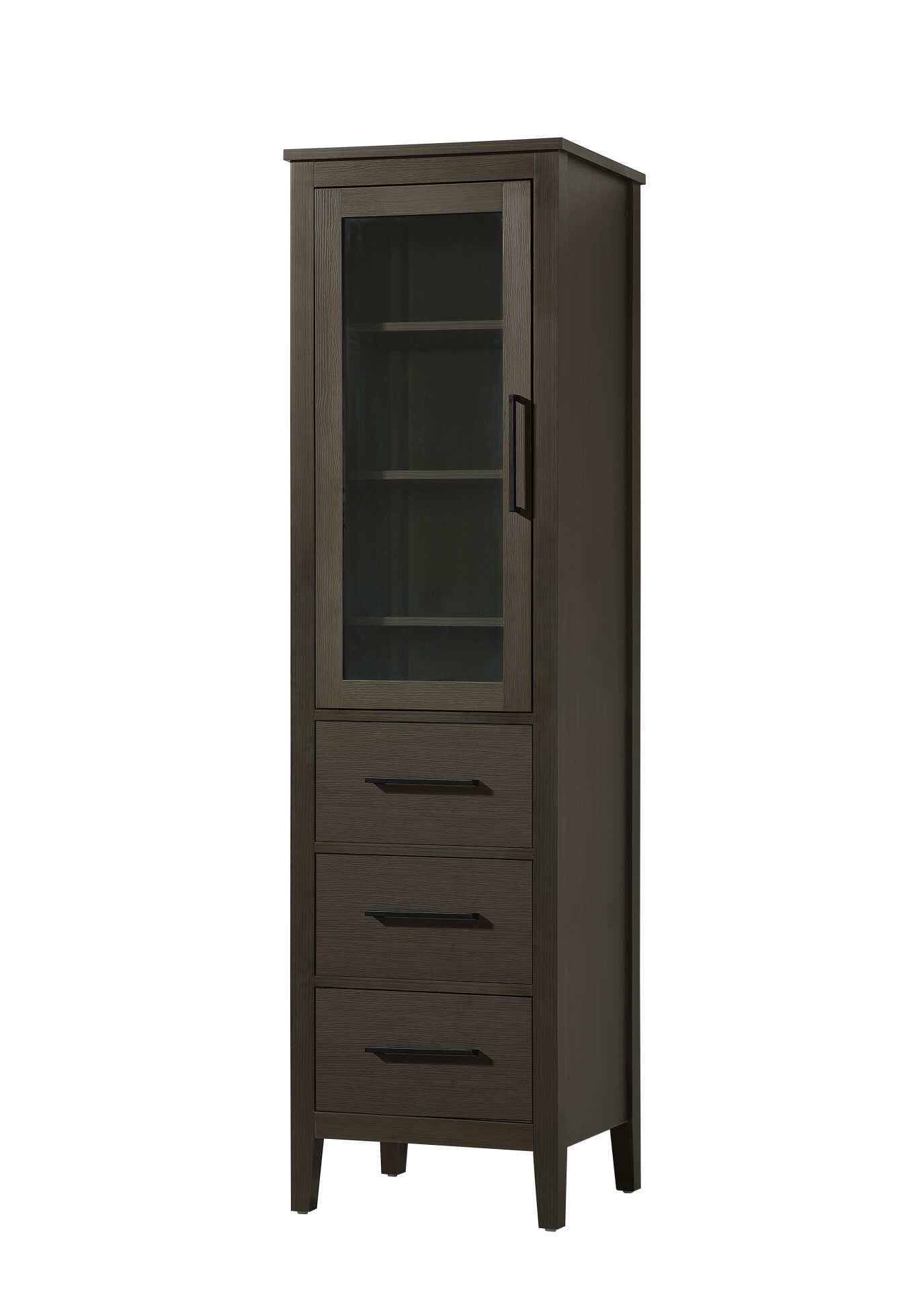 Dimensions
Length: 20"
Width: 18"
Height: 72"
Extension:
Depth:
Table Top Width: 20"
Specifications
Assembly Required: NO
Distressed Finish: NO
Finish (Color): Mocha Brown
Cabinet Material: MDF and Solid wood and glass
Hardware Finish: Black
Harware Material: Aluminum alloy
Product Shape: Rectangle
Product Type: Bathroom Storage Cabinet
Product Warranty: 1 year limited
143
Wire Included: No
Wood Type: rubberwood
Shipment type: LTL
Drawers
Drawers Included: YES
Number of Drawers: 3
False Drawers: NO
Drawer Width: 15.375
Drawer Depth: 15.125
Drawer Height: 8.375
Drawer Handle Designs: Bar pull
Shelves
Number of Shelves: 3
Shelf Width: 17.25
Cabinets
Number of Cabinets: 1
Cabinet Interior Width: 15.375
Cabinet Interior Depth: 17.32
Cabinet Interior Height: 35.25 - alternate view