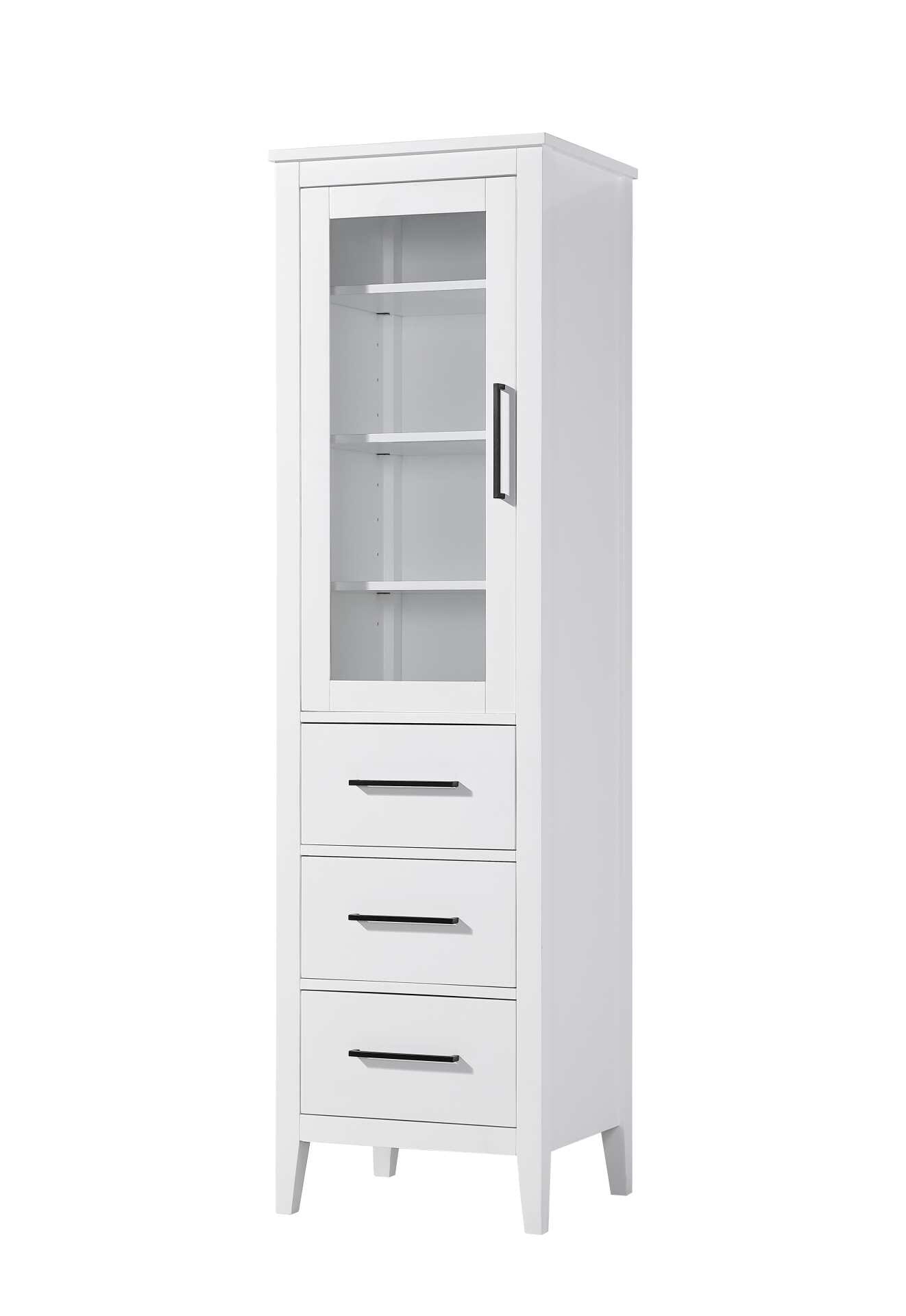 Dimensions
Length: 20"
Width: 18"
Height: 72"
Extension:
Depth:
Table Top Width: 20"
Specifications
Assembly Required: NO
Distressed Finish: NO
Finish (Color): White
Cabinet Material: MDF and Solid wood and glass
Hardware Finish: Black
Harware Material: Aluminum alloy
Product Shape: Rectangle
Product Type: Bathroom Storage Cabinet
Product Warranty: 1 year limited
143
Wire Included: No
Wood Type: rubberwood
Shipment type: LTL
Drawers
Drawers Included: YES
Number of Drawers: 3
False Drawers: NO
Drawer Width: 15.375
Drawer Depth: 15.125
Drawer Height: 8.375
Drawer Handle Designs: Bar pull
Shelves
Number of Shelves: 3
Shelf Width: 17.25
Cabinets
Number of Cabinets: 1
Cabinet Interior Width: 15.375
Cabinet Interior Depth: 17.32
Cabinet Interior Height: 35.25 - alternate view