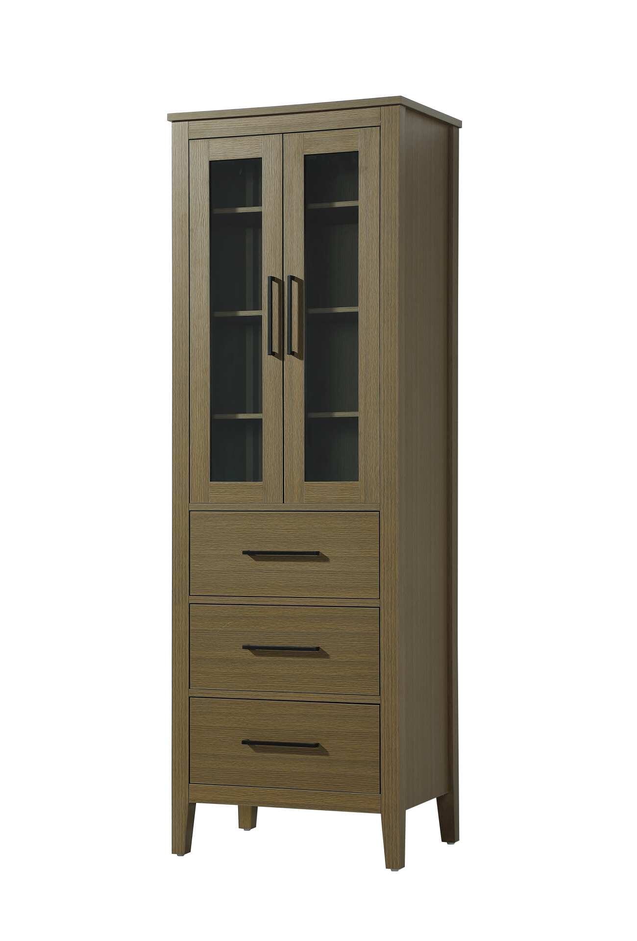 Dimensions
Length: 24"
Width: 18"
Height: 72"
Extension:
Depth:
Table Top Width: 24"
Specifications
Assembly Required: NO
Distressed Finish: NO
Finish (Color): Chestnut Brown
Cabinet Material: MDF and Solid wood and glass
Hardware Finish: Black
Harware Material: Aluminum alloy
Product Shape: Rectangle
Product Type: Bathroom Storage Cabinet
Product Warranty: 1 year limited
158
Wire Included: No
Wood Type: rubberwood
Shipment type: LTL
Drawers
Drawers Included: YES
Number of Drawers: 3
False Drawers: NO
Drawer Width: 19.375
Drawer Depth: 15.125
Drawer Height: 8.375
Drawer Handle Designs: Bar pull
Shelves
Number of Shelves: 3
Shelf Width: 21.25
Cabinets
Number of Cabinets: 1
Cabinet Interior Width: 19.375
Cabinet Interior Depth: 17.32
Cabinet Interior Height: 35.25 - alternate view