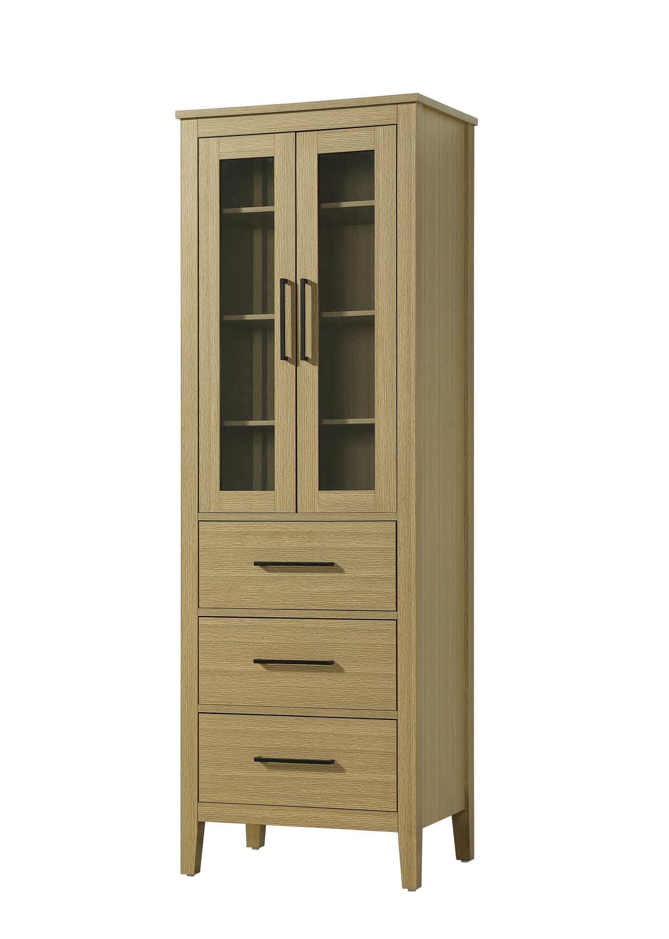 Dimensions
Length: 24"
Width: 18"
Height: 72"
Extension:
Depth:
Table Top Width: 24"
Specifications
Assembly Required: NO
Distressed Finish: NO
Finish (Color): Honey Brown
Cabinet Material: MDF and Solid wood and glass
Hardware Finish: Black
Harware Material: Aluminum alloy
Product Shape: Rectangle
Product Type: Bathroom Storage Cabinet
Product Warranty: 1 year limited
158
Wire Included: No
Wood Type: rubberwood
Shipment type: LTL
Drawers
Drawers Included: YES
Number of Drawers: 3
False Drawers: NO
Drawer Width: 19.375
Drawer Depth: 15.125
Drawer Height: 8.375
Drawer Handle Designs: Bar pull
Shelves
Number of Shelves: 3
Shelf Width: 21.25
Cabinets
Number of Cabinets: 1
Cabinet Interior Width: 19.375
Cabinet Interior Depth: 17.32
Cabinet Interior Height: 35.25 - alternate view