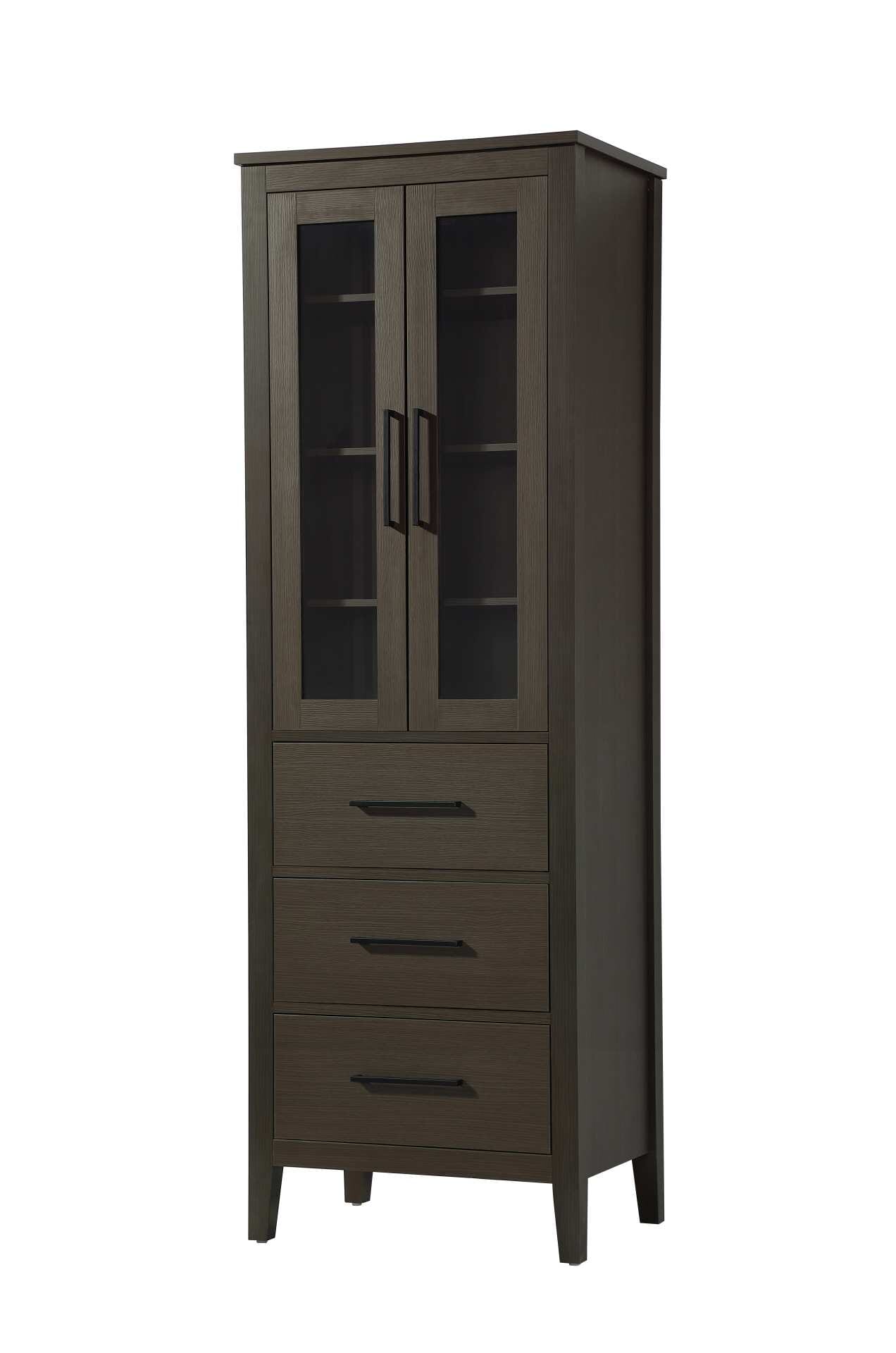Dimensions
Length: 24"
Width: 18"
Height: 72"
Extension:
Depth:
Table Top Width: 24"
Specifications
Assembly Required: NO
Distressed Finish: NO
Finish (Color): Mocha Brown
Cabinet Material: MDF and Solid wood and glass
Hardware Finish: Black
Harware Material: Aluminum alloy
Product Shape: Rectangle
Product Type: Bathroom Storage Cabinet
Product Warranty: 1 year limited
158
Wire Included: No
Wood Type: rubberwood
Shipment type: LTL
Drawers
Drawers Included: YES
Number of Drawers: 3
False Drawers: NO
Drawer Width: 19.375
Drawer Depth: 15.125
Drawer Height: 8.375
Drawer Handle Designs: Bar pull
Shelves
Number of Shelves: 3
Shelf Width: 21.25
Cabinets
Number of Cabinets: 1
Cabinet Interior Width: 19.375
Cabinet Interior Depth: 17.32
Cabinet Interior Height: 35.25 - alternate view