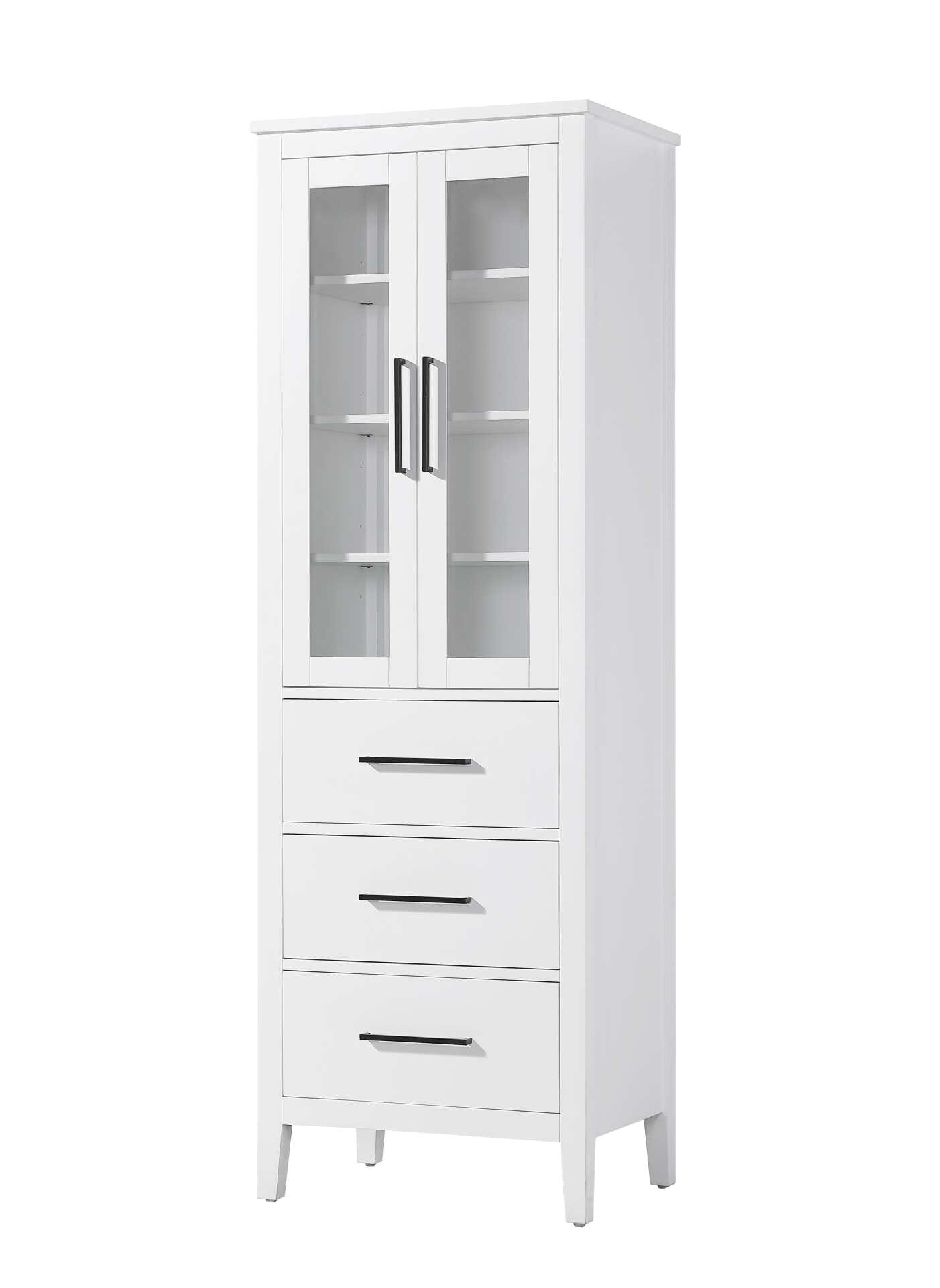Dimensions
Length: 24"
Width: 18"
Height: 72"
Extension:
Depth:
Table Top Width: 24"
Specifications
Assembly Required: NO
Distressed Finish: NO
Finish (Color): White
Cabinet Material: MDF and Solid wood and glass
Hardware Finish: Black
Harware Material: Aluminum alloy
Product Shape: Rectangle
Product Type: Bathroom Storage Cabinet
Product Warranty: 1 year limited
158
Wire Included: No
Wood Type: rubberwood
Shipment type: LTL
Drawers
Drawers Included: YES
Number of Drawers: 3
False Drawers: NO
Drawer Width: 19.375
Drawer Depth: 15.125
Drawer Height: 8.375
Drawer Handle Designs: Bar pull
Shelves
Number of Shelves: 3
Shelf Width: 21.25
Cabinets
Number of Cabinets: 1
Cabinet Interior Width: 19.375
Cabinet Interior Depth: 17.32
Cabinet Interior Height: 35.25 - alternate view
