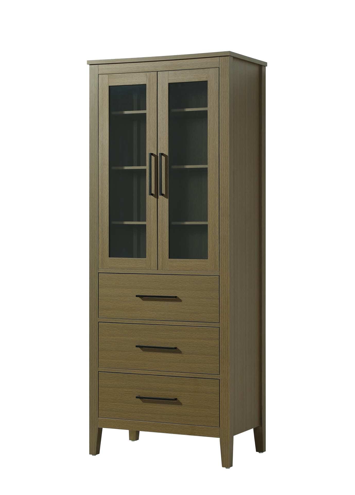 Dimensions
Length: 28"
Width: 18"
Height: 72"
Extension:
Depth:
Table Top Width: 28"
Specifications
Assembly Required: NO
Distressed Finish: NO
Finish (Color): Chestnut Brown
Cabinet Material: MDF and Solid wood and glass
Hardware Finish: Black
Harware Material: Aluminum alloy
Product Shape: Rectangle
Product Type: Bathroom Storage Cabinet
Product Warranty: 1 year limited
176
Wire Included: No
Wood Type: rubberwood
Shipment type: LTL
Drawers
Drawers Included: YES
Number of Drawers: 3
False Drawers: NO
Drawer Width: 23.375
Drawer Depth: 15.125
Drawer Height: 8.375
Drawer Handle Designs: Bar pull
Shelves
Number of Shelves: 3
Shelf Width: 25.25
Cabinets
Number of Cabinets: 1
Cabinet Interior Width: 23.25
Cabinet Interior Depth: 17.32
Cabinet Interior Height: 35.25 - alternate view