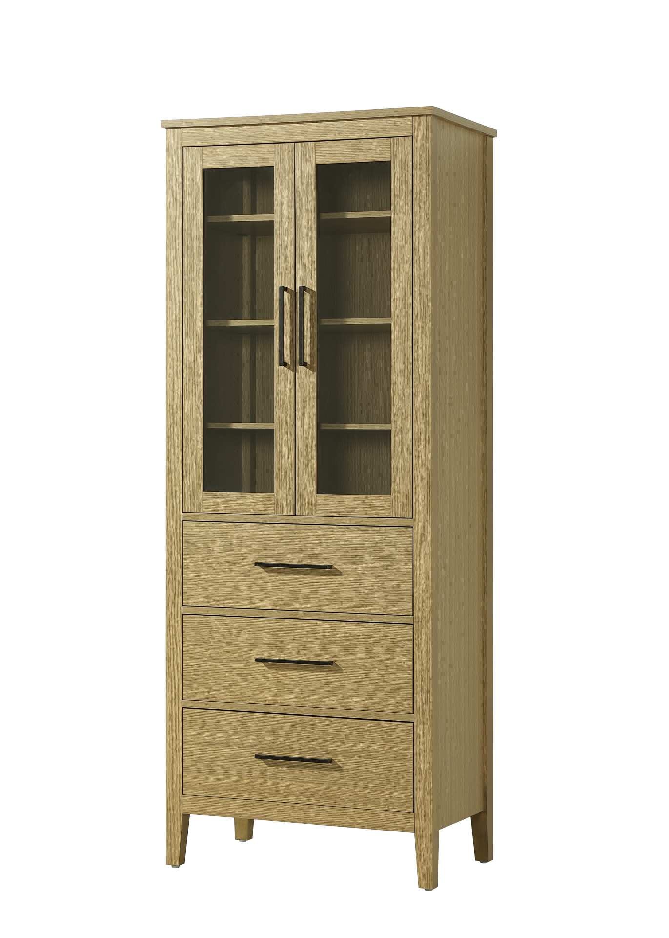 Dimensions
Length: 28"
Width: 18"
Height: 72"
Extension:
Depth:
Table Top Width: 28"
Specifications
Assembly Required: NO
Distressed Finish: NO
Finish (Color): Honey Brown
Cabinet Material: MDF and Solid wood and glass
Hardware Finish: Black
Harware Material: Aluminum alloy
Product Shape: Rectangle
Product Type: Bathroom Storage Cabinet
Product Warranty: 1 year limited
176
Wire Included: No
Wood Type: rubberwood
Shipment type: LTL
Drawers
Drawers Included: YES
Number of Drawers: 3
False Drawers: NO
Drawer Width: 23.375
Drawer Depth: 15.125
Drawer Height: 8.375
Drawer Handle Designs: Bar pull
Shelves
Number of Shelves: 3
Shelf Width: 25.25
Cabinets
Number of Cabinets: 1
Cabinet Interior Width: 23.25
Cabinet Interior Depth: 17.32
Cabinet Interior Height: 35.25 - alternate view