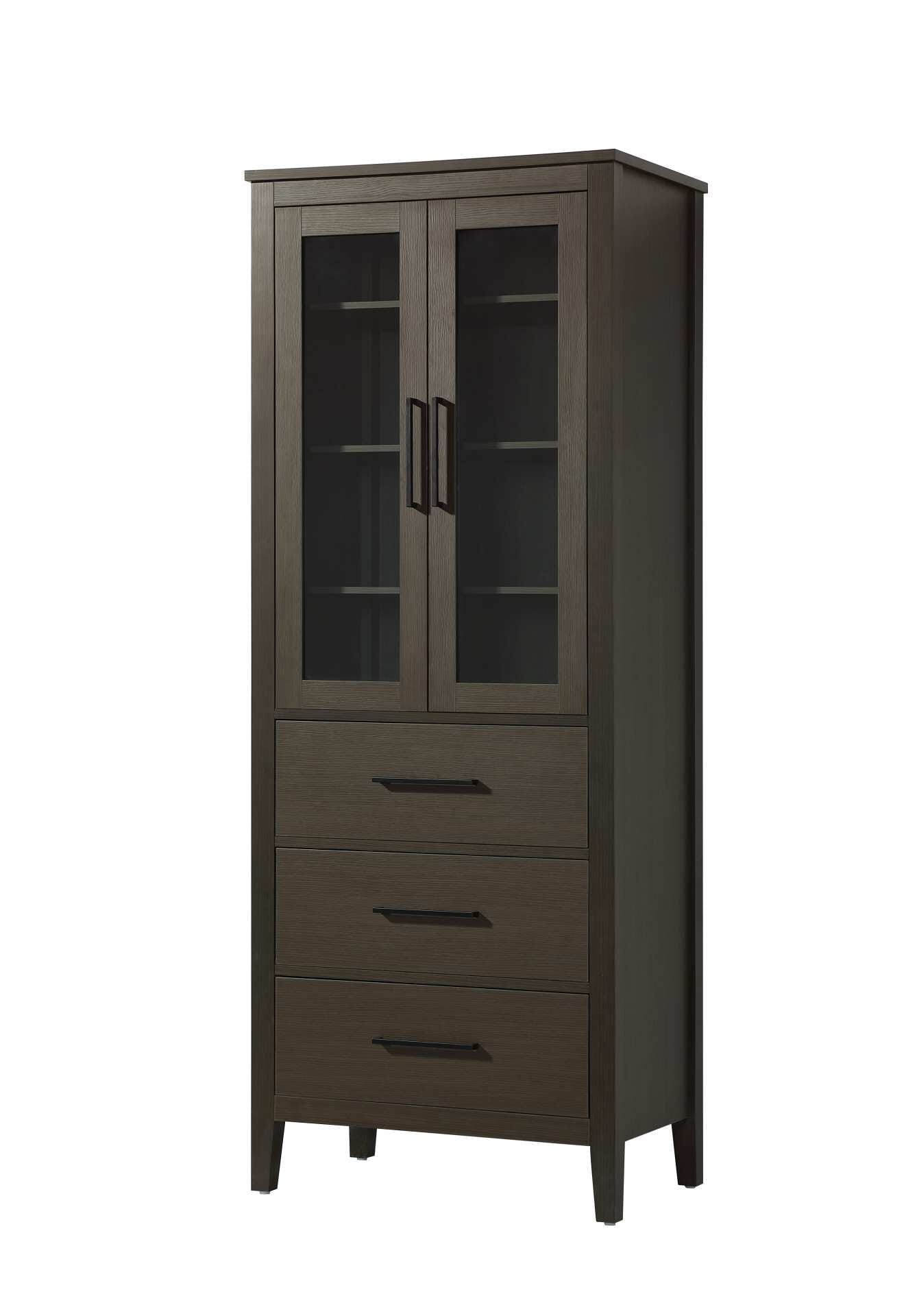 Dimensions
Length: 28"
Width: 18"
Height: 72"
Extension:
Depth:
Table Top Width: 28"
Specifications
Assembly Required: NO
Distressed Finish: NO
Finish (Color): Mocha Brown
Cabinet Material: MDF and Solid wood and glass
Hardware Finish: Black
Harware Material: Aluminum alloy
Product Shape: Rectangle
Product Type: Bathroom Storage Cabinet
Product Warranty: 1 year limited
176
Wire Included: No
Wood Type: rubberwood
Shipment type: LTL
Drawers
Drawers Included: YES
Number of Drawers: 3
False Drawers: NO
Drawer Width: 23.375
Drawer Depth: 15.125
Drawer Height: 8.375
Drawer Handle Designs: Bar pull
Shelves
Number of Shelves: 3
Shelf Width: 25.25
Cabinets
Number of Cabinets: 1
Cabinet Interior Width: 23.25
Cabinet Interior Depth: 17.32
Cabinet Interior Height: 35.25 - alternate view
