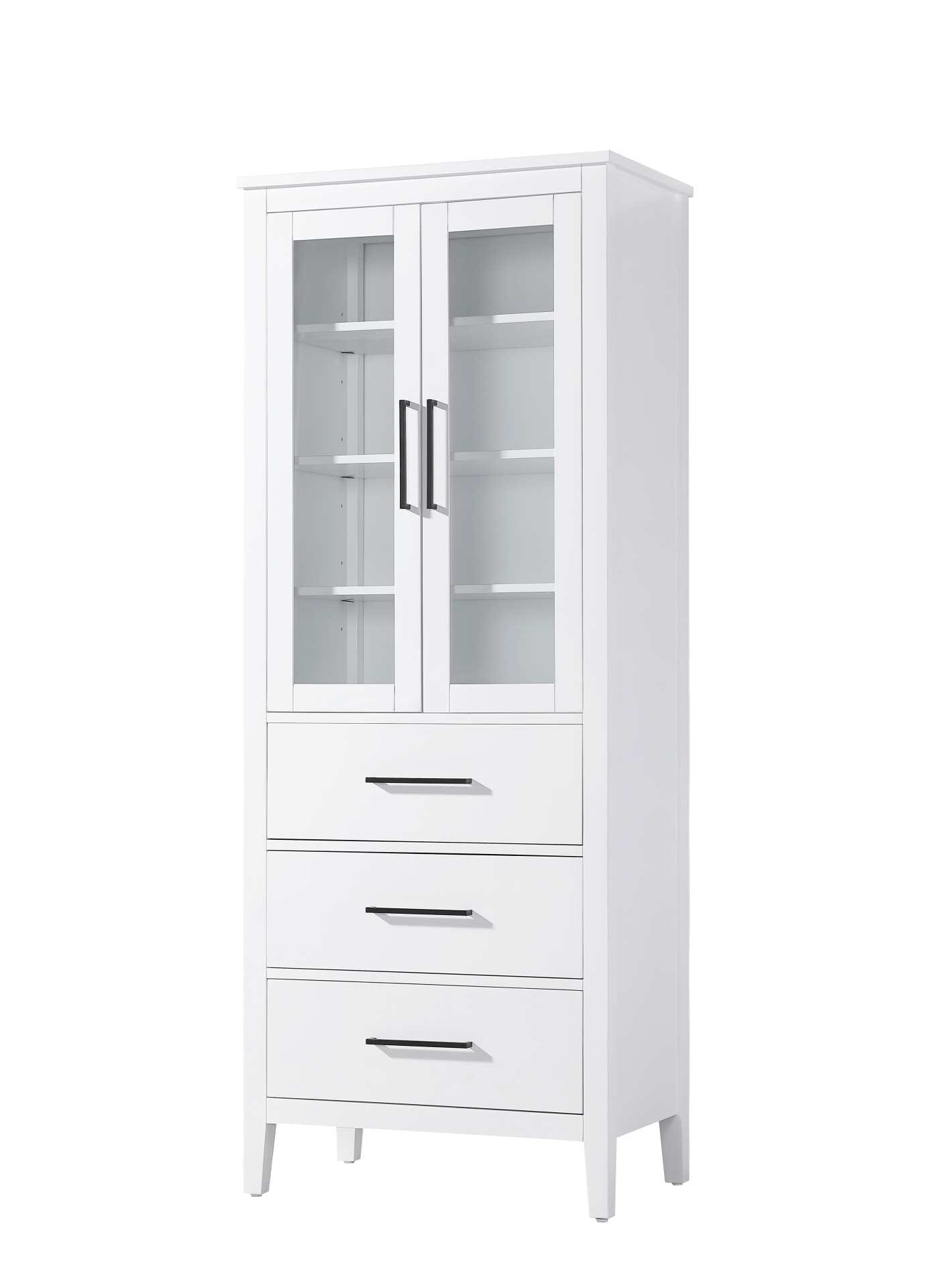 Dimensions
Length: 28"
Width: 18"
Height: 72"
Extension:
Depth:
Table Top Width: 28"
Specifications
Assembly Required: NO
Distressed Finish: NO
Finish (Color): White
Cabinet Material: MDF and Solid wood and glass
Hardware Finish: Black
Harware Material: Aluminum alloy
Product Shape: Rectangle
Product Type: Bathroom Storage Cabinet
Product Warranty: 1 year limited
176
Wire Included: No
Wood Type: rubberwood
Shipment type: LTL
Drawers
Drawers Included: YES
Number of Drawers: 3
False Drawers: NO
Drawer Width: 23.375
Drawer Depth: 15.125
Drawer Height: 8.375
Drawer Handle Designs: Bar pull
Shelves
Number of Shelves: 3
Shelf Width: 25.25
Cabinets
Number of Cabinets: 1
Cabinet Interior Width: 23.25
Cabinet Interior Depth: 17.32
Cabinet Interior Height: 35.25 - alternate view