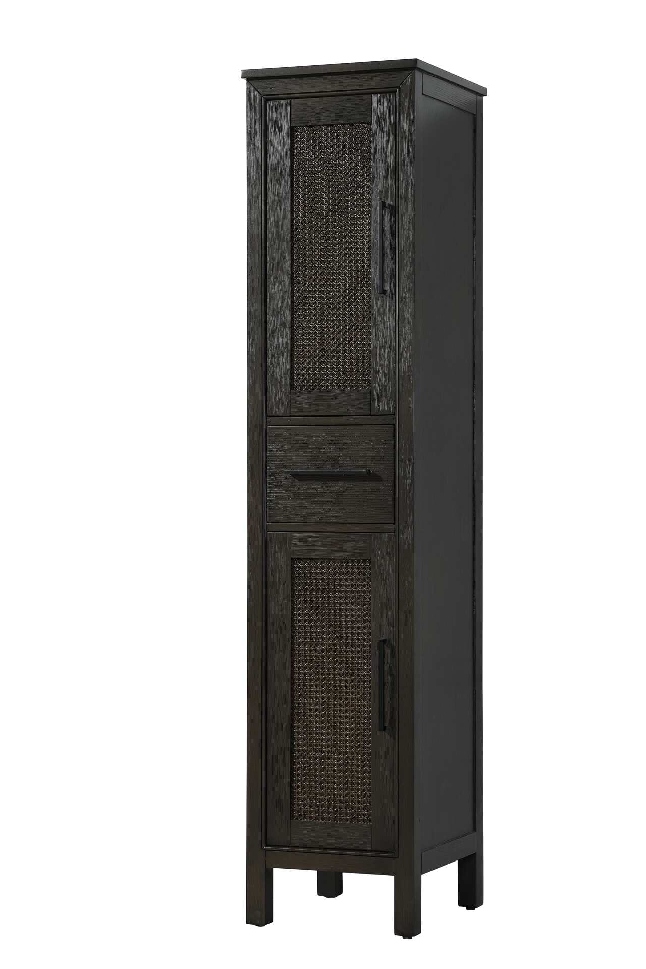 Dimensions
Length: 16"
Width: 18"
Height: 72"
Extension:
Depth:
Table Top Width: 16"
Specifications
Assembly Required: NO
Distressed Finish: NO
Finish (Color): Chocolate Oak
Cabinet Material: MDF and Solid wood
Hardware Finish: Black
Harware Material: Aluminum alloy
Product Shape: Rectangle
Product Type: Bathroom Storage Cabinet
Product Warranty: 1 year limited
106
Wire Included: No
Wood Type: rubberwood
Shipment type: LTL
Drawers
Drawers Included: YES
Number of Drawers: 1
False Drawers: NO
Drawer Width: 11.25
Drawer Depth: 15.125
Drawer Height: 7.625
Drawer Handle Designs: Bar pull
Shelves
Number of Shelves: 2
Shelf Width: 13.25
Cabinets
Number of Cabinets: 2
Cabinet Interior Width: 11.25
Cabinet Interior Depth: 17.32
Cabinet Interior Height: 26.875,27.125 - alternate view