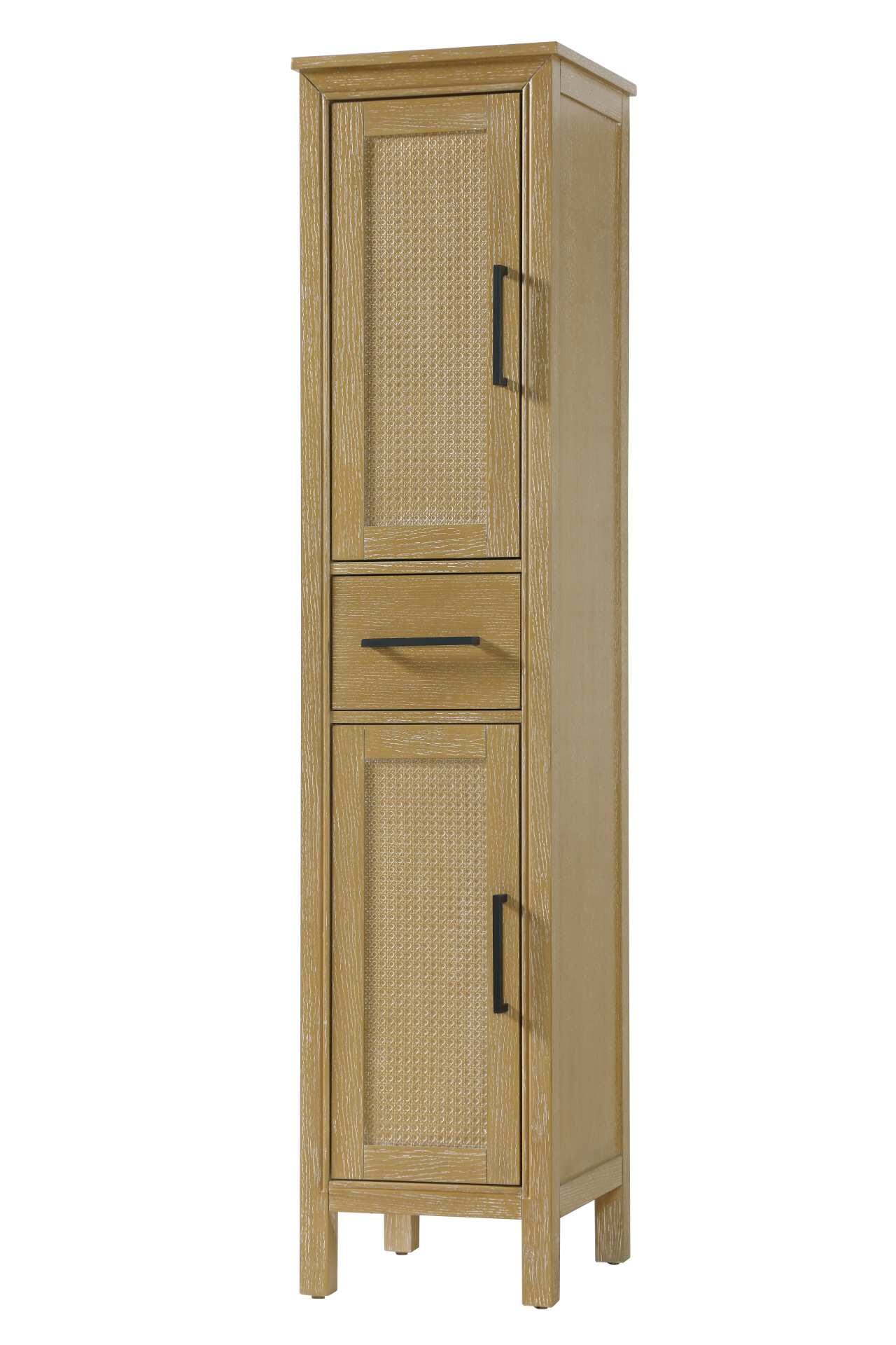 Dimensions
Length: 16"
Width: 18"
Height: 72"
Extension:
Depth:
Table Top Width: 16"
Specifications
Assembly Required: NO
Distressed Finish: NO
Finish (Color): Linen oak
Cabinet Material: MDF and Solid wood
Hardware Finish: Black
Harware Material: Aluminum alloy
Product Shape: Rectangle
Product Type: Bathroom Storage Cabinet
Product Warranty: 1 year limited
106
Wire Included: No
Wood Type: rubberwood
Shipment type: LTL
Drawers
Drawers Included: YES
Number of Drawers: 1
False Drawers: NO
Drawer Width: 11.25
Drawer Depth: 15.125
Drawer Height: 7.625
Drawer Handle Designs: Bar pull
Shelves
Number of Shelves: 2
Shelf Width: 13.25
Cabinets
Number of Cabinets: 2
Cabinet Interior Width: 11.25
Cabinet Interior Depth: 17.32
Cabinet Interior Height: 26.875,27.125 - alternate view