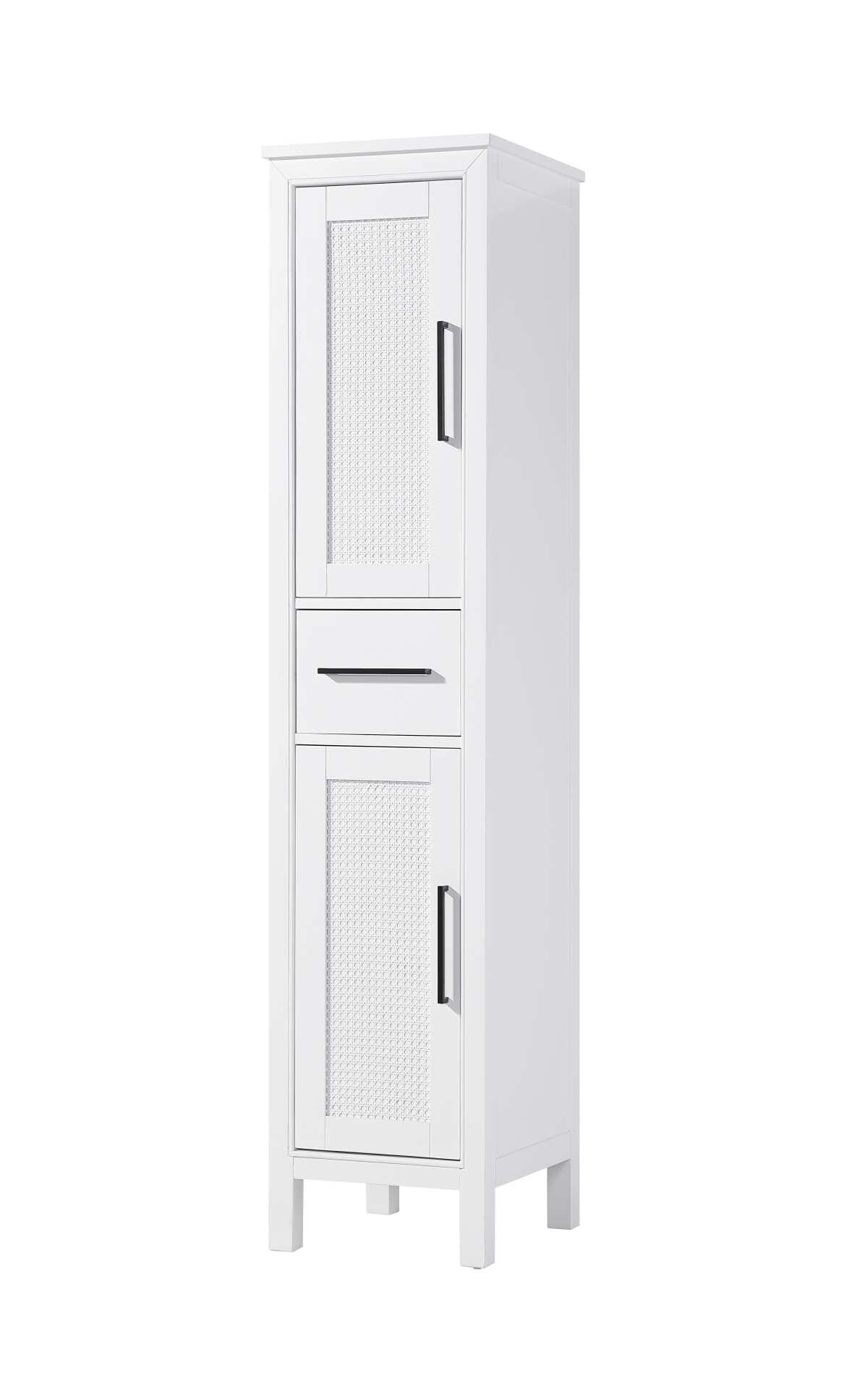 Dimensions
Length: 16"
Width: 18"
Height: 72"
Extension:
Depth:
Table Top Width: 16"
Specifications
Assembly Required: NO
Distressed Finish: NO
Finish (Color): White
Cabinet Material: MDF and Solid wood
Hardware Finish: Black
Harware Material: Aluminum alloy
Product Shape: Rectangle
Product Type: Bathroom Storage Cabinet
Product Warranty: 1 year limited
106
Wire Included: No
Wood Type: rubberwood
Shipment type: LTL
Drawers
Drawers Included: YES
Number of Drawers: 1
False Drawers: NO
Drawer Width: 11.25
Drawer Depth: 15.125
Drawer Height: 7.625
Drawer Handle Designs: Bar pull
Shelves
Number of Shelves: 2
Shelf Width: 13.25
Cabinets
Number of Cabinets: 2
Cabinet Interior Width: 11.25
Cabinet Interior Depth: 17.32
Cabinet Interior Height: 26.875,27.125 - alternate view