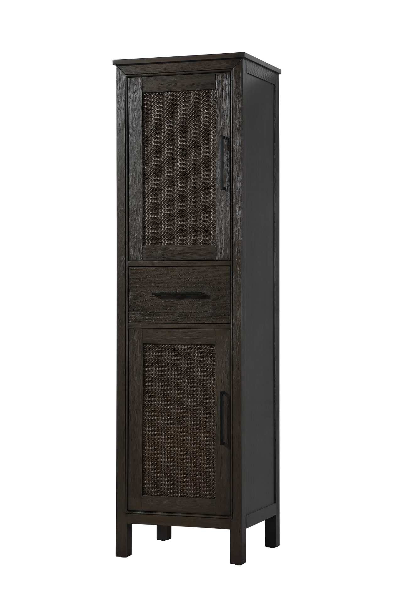 Dimensions
Length: 20"
Width: 18"
Height: 72"
Extension:
Depth:
Table Top Width: 20"
Specifications
Assembly Required: NO
Distressed Finish: NO
Finish (Color): Chocolate Oak
Cabinet Material: MDF and Solid wood
Hardware Finish: Black
Harware Material: Aluminum alloy
Product Shape: Rectangle
Product Type: Bathroom Storage Cabinet
Product Warranty: 1 year limited
121
Wire Included: No
Wood Type: rubberwood
Shipment type: LTL
Drawers
Drawers Included: YES
Number of Drawers: 1
False Drawers: NO
Drawer Width: 15.375
Drawer Depth: 15.125
Drawer Height: 7.625
Drawer Handle Designs: Bar pull
Shelves
Number of Shelves: 2
Shelf Width: 17.25
Cabinets
Number of Cabinets: 2
Cabinet Interior Width: 15.375
Cabinet Interior Depth: 17.32
Cabinet Interior Height: 26.875,27.125 - alternate view