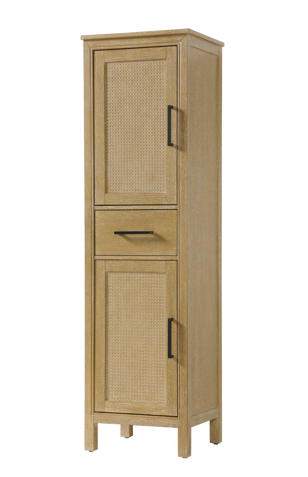 Dimensions
Length: 20"
Width: 18"
Height: 72"
Extension:
Depth:
Table Top Width: 20"
Specifications
Assembly Required: NO
Distressed Finish: NO
Finish (Color): Linen oak
Cabinet Material: MDF and Solid wood
Hardware Finish: Black
Harware Material: Aluminum alloy
Product Shape: Rectangle
Product Type: Bathroom Storage Cabinet
Product Warranty: 1 year limited
121
Wire Included: No
Wood Type: rubberwood
Shipment type: LTL
Drawers
Drawers Included: YES
Number of Drawers: 1
False Drawers: NO
Drawer Width: 15.375
Drawer Depth: 15.125
Drawer Height: 7.625
Drawer Handle Designs: Bar pull
Shelves
Number of Shelves: 2
Shelf Width: 17.25
Cabinets
Number of Cabinets: 2
Cabinet Interior Width: 15.375
Cabinet Interior Depth: 17.32
Cabinet Interior Height: 26.875,27.125 - alternate view