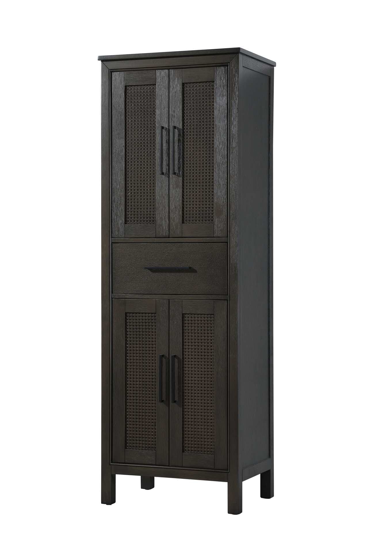 Dimensions
Length: 24"
Width: 18"
Height: 72"
Extension:
Depth:
Table Top Width: 24"
Specifications
Assembly Required: NO
Distressed Finish: NO
Finish (Color): Chocolate Oak
Cabinet Material: MDF and Solid wood
Hardware Finish: Black
Harware Material: Aluminum alloy
Product Shape: Rectangle
Product Type: Bathroom Storage Cabinet
Product Warranty: 1 year limited
136
Wire Included: No
Wood Type: rubberwood
Shipment type: LTL
Drawers
Drawers Included: YES
Number of Drawers: 1
False Drawers: NO
Drawer Width: 19.375
Drawer Depth: 15.125
Drawer Height: 7.625
Drawer Handle Designs: Bar pull
Shelves
Number of Shelves: 2
Shelf Width: 21.25
Cabinets
Number of Cabinets: 2
Cabinet Interior Width: 19.375
Cabinet Interior Depth: 17.32
Cabinet Interior Height: 26.875,27.125 - alternate view