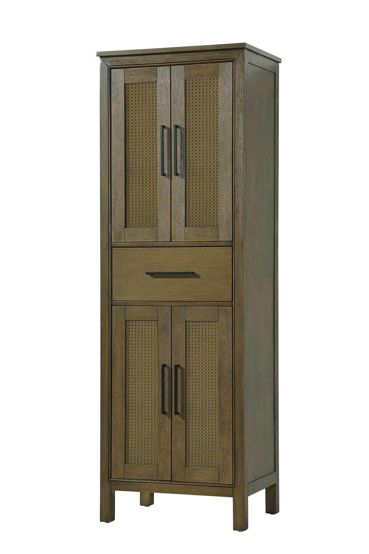 Dimensions
Length: 24"
Width: 18"
Height: 72"
Extension:
Depth:
Table Top Width: 24"
Specifications
Assembly Required: NO
Distressed Finish: NO
Finish (Color): Hazel Oak
Cabinet Material: MDF and Solid wood
Hardware Finish: Black
Harware Material: Aluminum alloy
Product Shape: Rectangle
Product Type: Bathroom Storage Cabinet
Product Warranty: 1 year limited
136
Wire Included: No
Wood Type: rubberwood
Shipment type: LTL
Drawers
Drawers Included: YES
Number of Drawers: 1
False Drawers: NO
Drawer Width: 19.375
Drawer Depth: 15.125
Drawer Height: 7.625
Drawer Handle Designs: Bar pull
Shelves
Number of Shelves: 2
Shelf Width: 21.25
Cabinets
Number of Cabinets: 2
Cabinet Interior Width: 19.375
Cabinet Interior Depth: 17.32
Cabinet Interior Height: 26.875, 27.125 - alternate view