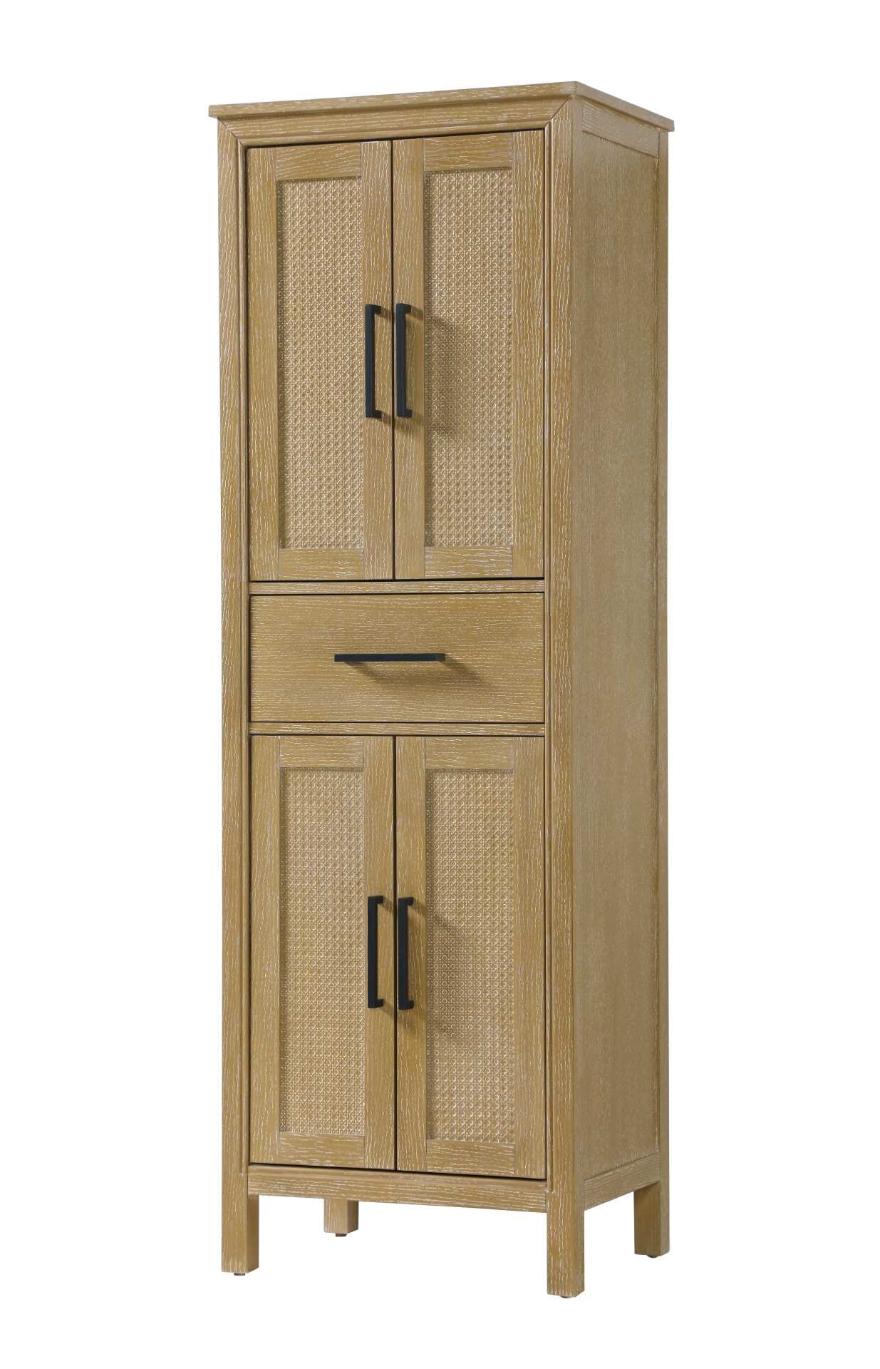 Dimensions
Length: 24"
Width: 18"
Height: 72"
Extension:
Depth:
Table Top Width: 24"
Specifications
Assembly Required: NO
Distressed Finish: NO
Finish (Color): Linen oak
Cabinet Material: MDF and Solid wood
Hardware Finish: Black
Harware Material: Aluminum alloy
Product Shape: Rectangle
Product Type: Bathroom Storage Cabinet
Product Warranty: 1 year limited
136
Wire Included: No
Wood Type: rubberwood
Shipment type: LTL
Drawers
Drawers Included: YES
Number of Drawers: 1
False Drawers: NO
Drawer Width: 19.375
Drawer Depth: 15.125
Drawer Height: 7.625
Drawer Handle Designs: Bar pull
Shelves
Number of Shelves: 2
Shelf Width: 21.25
Cabinets
Number of Cabinets: 2
Cabinet Interior Width: 19.375
Cabinet Interior Depth: 17.32
Cabinet Interior Height: 26.875,27.125 - alternate view
