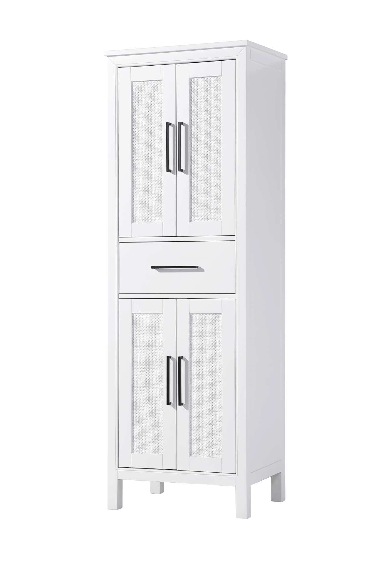 Dimensions
Length: 24"
Width: 18"
Height: 72"
Extension:
Depth:
Table Top Width: 24"
Specifications
Assembly Required: NO
Distressed Finish: NO
Finish (Color): White
Cabinet Material: MDF and Solid wood
Hardware Finish: Black
Harware Material: Aluminum alloy
Product Shape: Rectangle
Product Type: Bathroom Storage Cabinet
Product Warranty: 1 year limited
136
Wire Included: No
Wood Type: rubberwood
Shipment type: LTL
Drawers
Drawers Included: YES
Number of Drawers: 1
False Drawers: NO
Drawer Width: 19.375
Drawer Depth: 15.125
Drawer Height: 7.625
Drawer Handle Designs: Bar pull
Shelves
Number of Shelves: 2
Shelf Width: 21.25
Cabinets
Number of Cabinets: 2
Cabinet Interior Width: 19.375
Cabinet Interior Depth: 17.32
Cabinet Interior Height: 26.875,27.125 - alternate view
