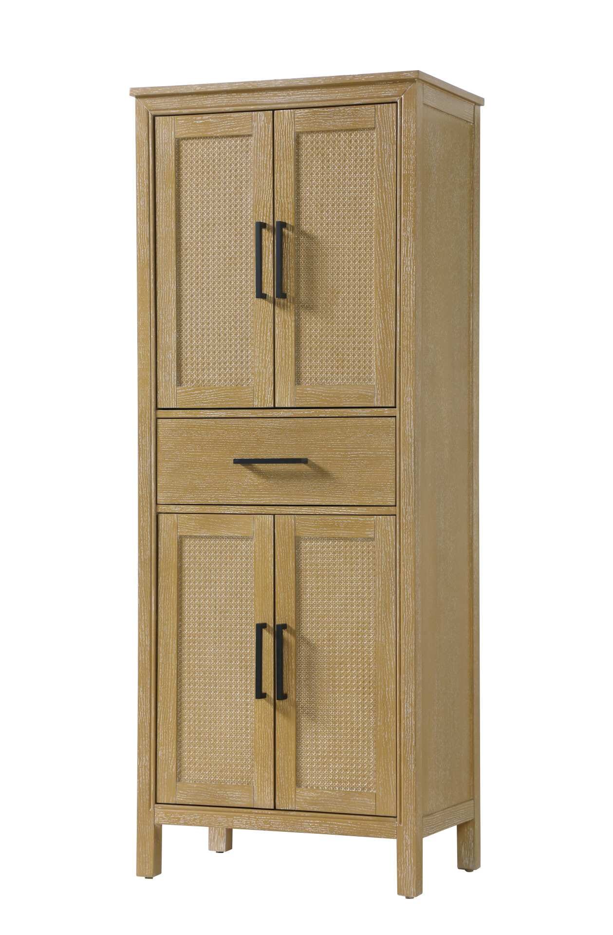 Dimensions
Length: 28"
Width: 18"
Height: 72"
Extension:
Depth:
Table Top Width: 28"
Specifications
Assembly Required: NO
Distressed Finish: NO
Finish (Color): Linen oak
Cabinet Material: MDF and Solid wood
Hardware Finish: Black
Harware Material: Aluminum alloy
Product Shape: Rectangle
Product Type: Bathroom Storage Cabinet
Product Warranty: 1 year limited
150
Wire Included: No
Wood Type: rubberwood
Shipment type: LTL
Drawers
Drawers Included: YES
Number of Drawers: 1
False Drawers: NO
Drawer Width: 23.25
Drawer Depth: 15.125
Drawer Height: 7.625
Drawer Handle Designs: Bar pull
Shelves
Number of Shelves: 2
Shelf Width: 25.25
Cabinets
Number of Cabinets: 2
Cabinet Interior Width: 23.25
Cabinet Interior Depth: 17.32
Cabinet Interior Height: 26.875,27.125 - alternate view