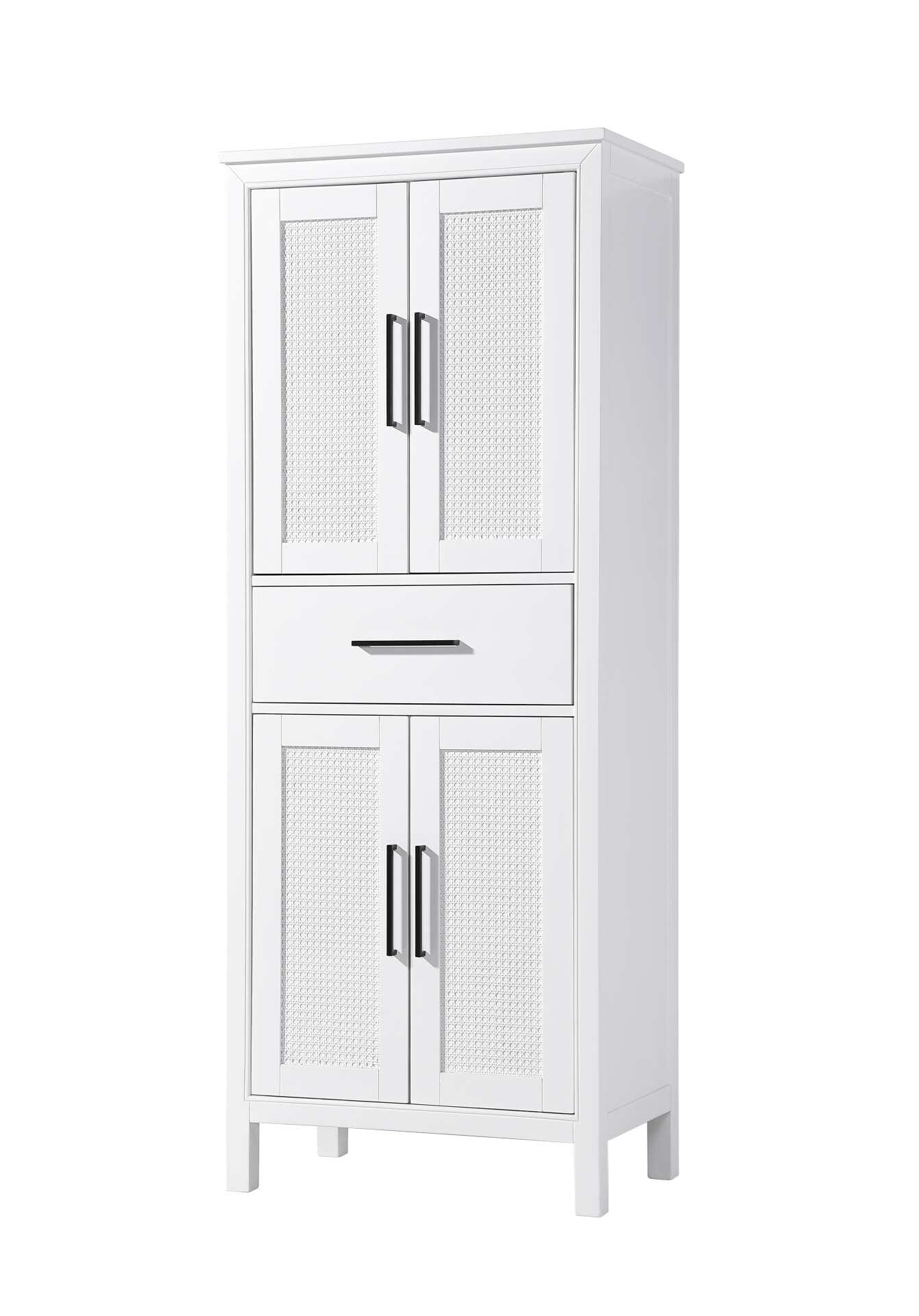 Dimensions
Length: 28"
Width: 18"
Height: 72"
Extension:
Depth:
Table Top Width: 28"
Specifications
Assembly Required: NO
Distressed Finish: NO
Finish (Color): White
Cabinet Material: MDF and Solid wood
Hardware Finish: Black
Harware Material: Aluminum alloy
Product Shape: Rectangle
Product Type: Bathroom Storage Cabinet
Product Warranty: 1 year limited
150
Wire Included: No
Wood Type: rubberwood
Shipment type: LTL
Drawers
Drawers Included: YES
Number of Drawers: 1
False Drawers: NO
Drawer Width: 23.25
Drawer Depth: 15.125
Drawer Height: 7.625
Drawer Handle Designs: Bar pull
Shelves
Number of Shelves: 2
Shelf Width: 25.25
Cabinets
Number of Cabinets: 2
Cabinet Interior Width: 23.25
Cabinet Interior Depth: 17.32
Cabinet Interior Height: 26.875,27.125 - alternate view