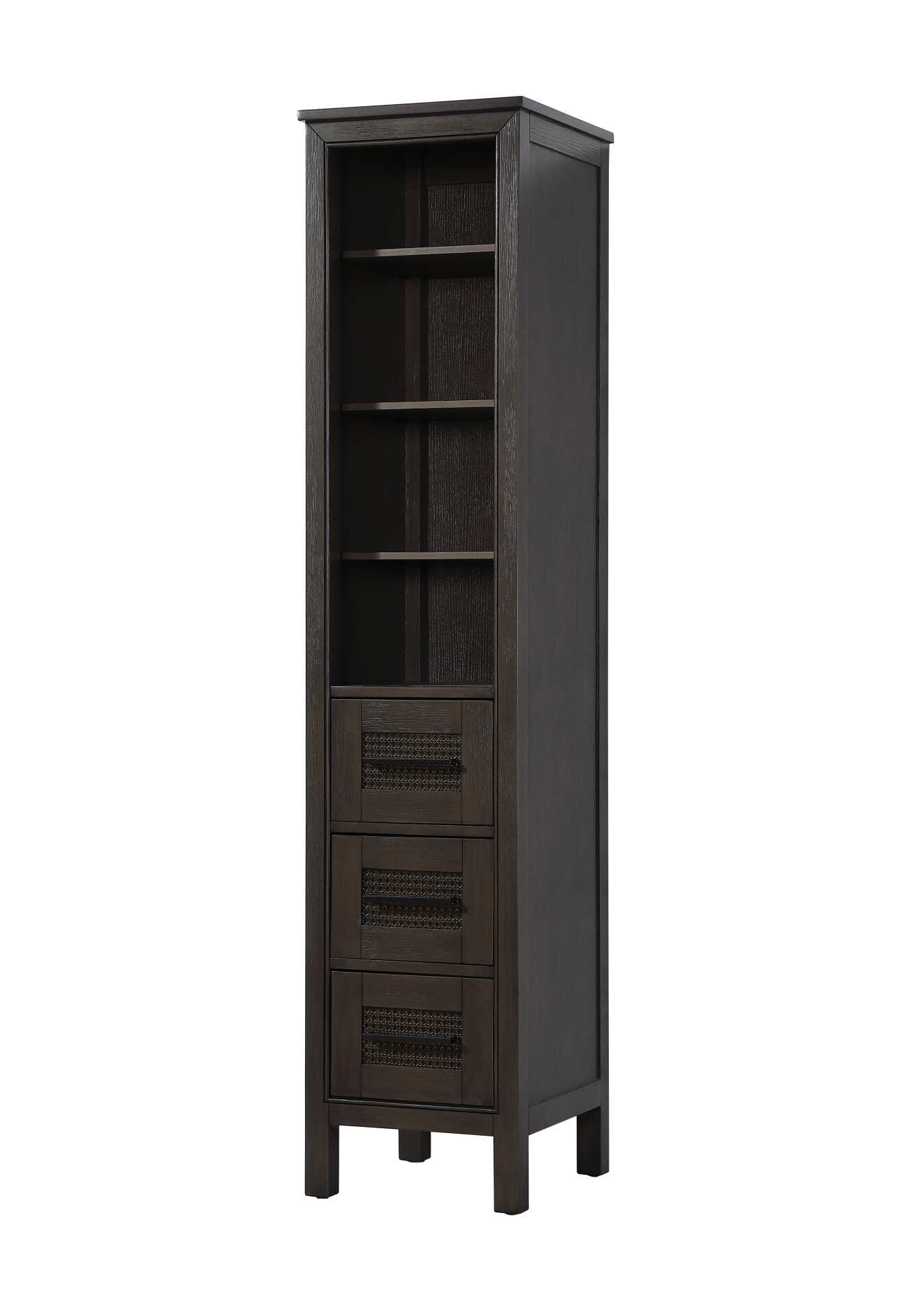 Dimensions
Length: 16"
Width: 18"
Height: 72"
Extension:
Depth:
Table Top Width: 16"
Specifications
Assembly Required: NO
Distressed Finish: NO
Finish (Color): Chocolate Oak
Cabinet Material: MDF and Solid wood
Hardware Finish: Black
Harware Material: Aluminum alloy
Product Shape: Rectangle
Product Type: Bathroom Storage Cabinet
Product Warranty: 1 year limited
119
Wire Included: No
Wood Type: rubberwood
Shipment type: LTL
Drawers
Drawers Included: YES
Number of Drawers: 3
False Drawers: NO
Drawer Width: 11.25
Drawer Depth: 15.125
Drawer Height: 8.375
Drawer Handle Designs: Bar pull
Shelves
Number of Shelves: 3
Shelf Width: 13.25
Cabinets
Number of Cabinets: 0
Cabinet Interior Width:
Cabinet Interior Depth:
Cabinet Interior Height: - alternate view