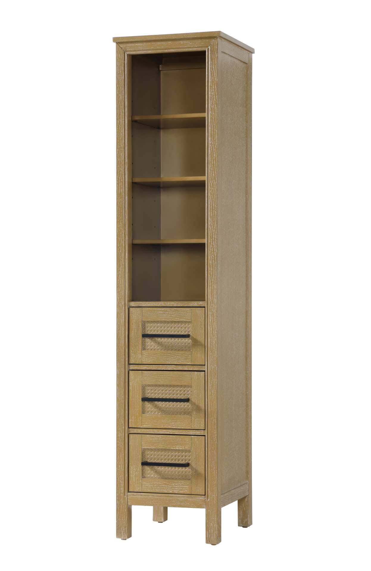 Dimensions
Length: 16"
Width: 18"
Height: 72"
Extension:
Depth:
Table Top Width: 16"
Specifications
Assembly Required: NO
Distressed Finish: NO
Finish (Color): Linen oak
Cabinet Material: MDF and Solid wood
Hardware Finish: Black
Harware Material: Aluminum alloy
Product Shape: Rectangle
Product Type: Bathroom Storage Cabinet
Product Warranty: 1 year limited
119
Wire Included: No
Wood Type: rubberwood
Shipment type: LTL
Drawers
Drawers Included: YES
Number of Drawers: 3
False Drawers: NO
Drawer Width: 11.25
Drawer Depth: 15.125
Drawer Height: 8.375
Drawer Handle Designs: Bar pull
Shelves
Number of Shelves: 3
Shelf Width: 13.25
Cabinets
Number of Cabinets: 0
Cabinet Interior Width:
Cabinet Interior Depth:
Cabinet Interior Height: - alternate view