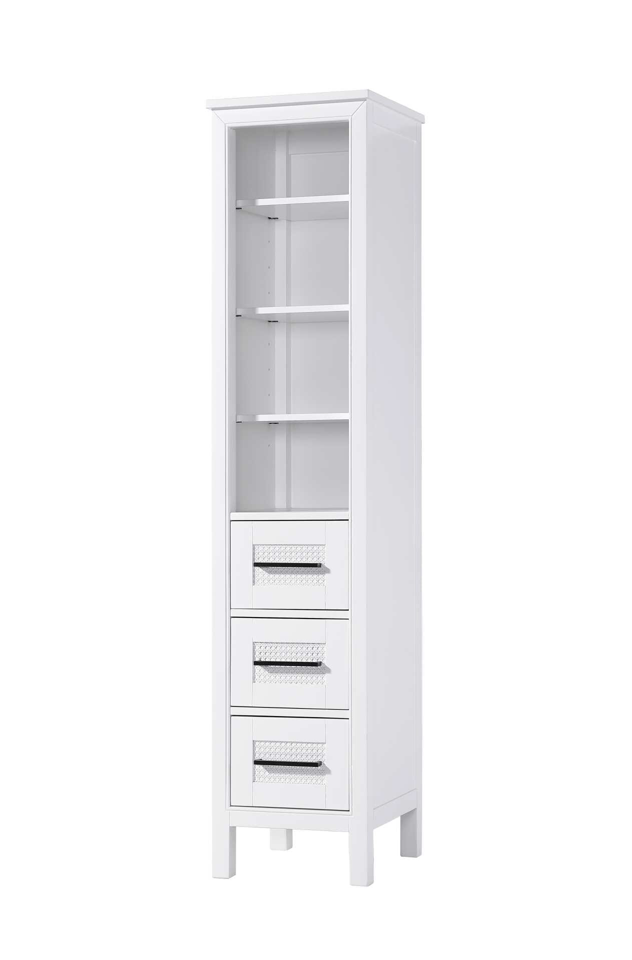 Dimensions
Length: 16"
Width: 18"
Height: 72"
Extension:
Depth:
Table Top Width: 16"
Specifications
Assembly Required: NO
Distressed Finish: NO
Finish (Color): White
Cabinet Material: MDF and Solid wood
Hardware Finish: Black
Harware Material: Aluminum alloy
Product Shape: Rectangle
Product Type: Bathroom Storage Cabinet
Product Warranty: 1 year limited
119
Wire Included: No
Wood Type: rubberwood
Shipment type: LTL
Drawers
Drawers Included: YES
Number of Drawers: 3
False Drawers: NO
Drawer Width: 11.25
Drawer Depth: 15.125
Drawer Height: 8.375
Drawer Handle Designs: Bar pull
Shelves
Number of Shelves: 3
Shelf Width: 13.25
Cabinets
Number of Cabinets: 0
Cabinet Interior Width:
Cabinet Interior Depth:
Cabinet Interior Height: - alternate view