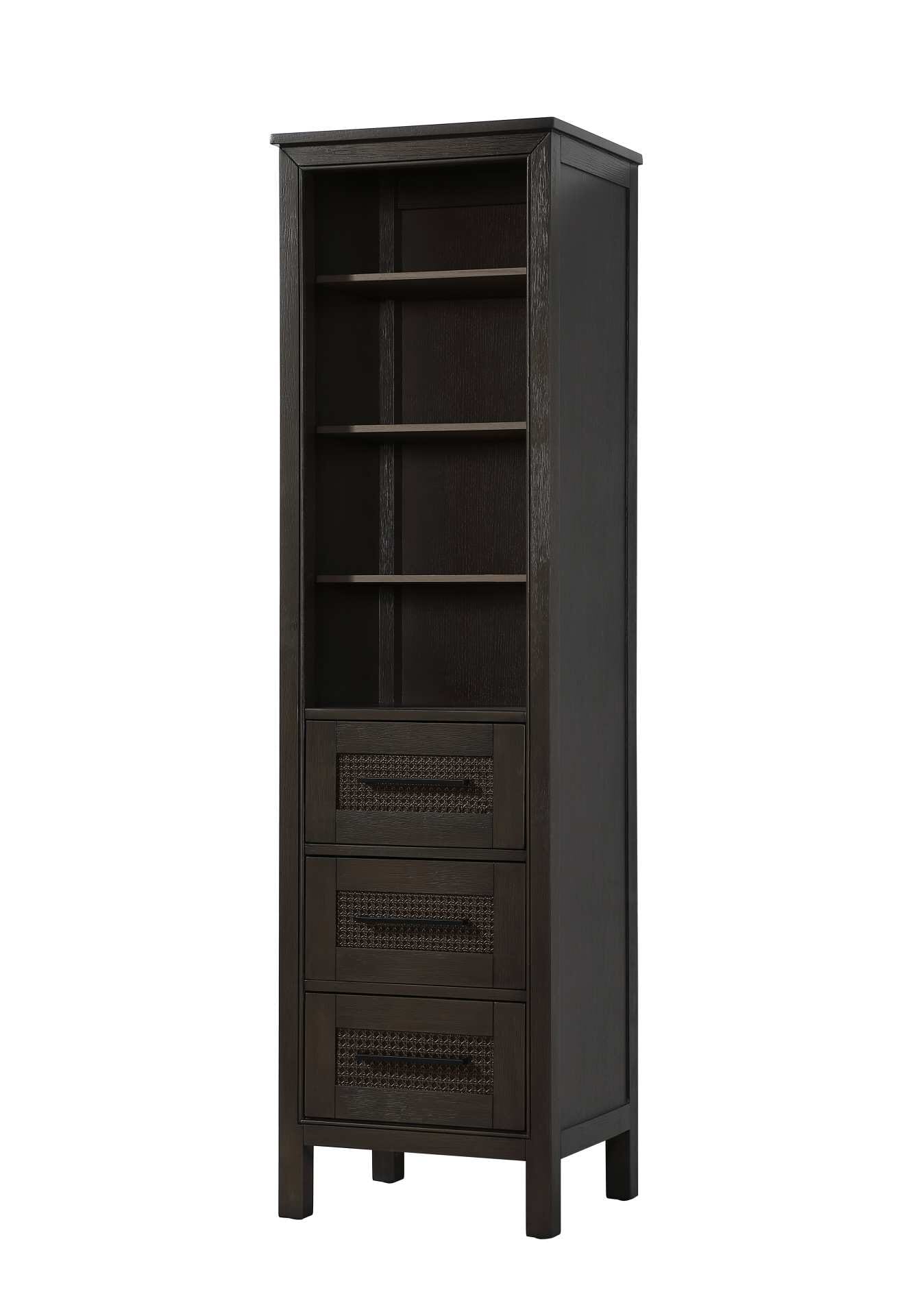 Dimensions
Length: 20"
Width: 18"
Height: 72"
Extension:
Depth:
Table Top Width: 20"
Specifications
Assembly Required: NO
Distressed Finish: NO
Finish (Color): Chocolate Oak
Cabinet Material: MDF and Solid wood
Hardware Finish: Black
Harware Material: Aluminum alloy
Product Shape: Rectangle
Product Type: Bathroom Storage Cabinet
Product Warranty: 1 year limited
134
Wire Included: No
Wood Type: rubberwood
Shipment type: LTL
Drawers
Drawers Included: YES
Number of Drawers: 3
False Drawers: NO
Drawer Width: 15.375
Drawer Depth: 15.125
Drawer Height: 8.375
Drawer Handle Designs: Bar pull
Shelves
Number of Shelves: 3
Shelf Width: 17.25
Cabinets
Number of Cabinets: 0
Cabinet Interior Width:
Cabinet Interior Depth:
Cabinet Interior Height: - alternate view