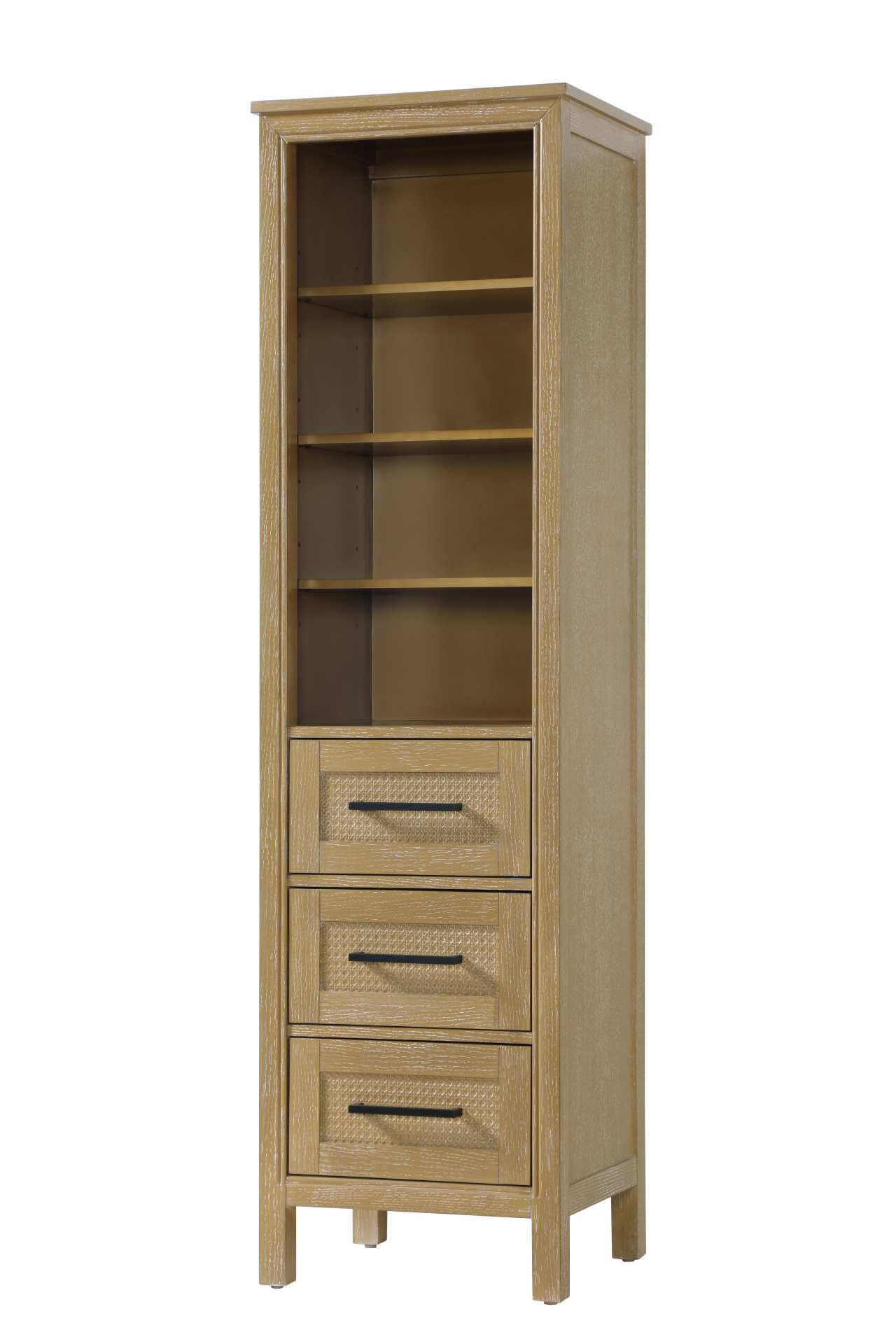 Dimensions
Length: 20"
Width: 18"
Height: 72"
Extension:
Depth:
Table Top Width: 20"
Specifications
Assembly Required: NO
Distressed Finish: NO
Finish (Color): Linen oak
Cabinet Material: MDF and Solid wood
Hardware Finish: Black
Harware Material: Aluminum alloy
Product Shape: Rectangle
Product Type: Bathroom Storage Cabinet
Product Warranty: 1 year limited
134
Wire Included: No
Wood Type: rubberwood
Shipment type: LTL
Drawers
Drawers Included: YES
Number of Drawers: 3
False Drawers: NO
Drawer Width: 15.375
Drawer Depth: 15.125
Drawer Height: 8.375
Drawer Handle Designs: Bar pull
Shelves
Number of Shelves: 3
Shelf Width: 17.25
Cabinets
Number of Cabinets: 0
Cabinet Interior Width:
Cabinet Interior Depth:
Cabinet Interior Height: - alternate view