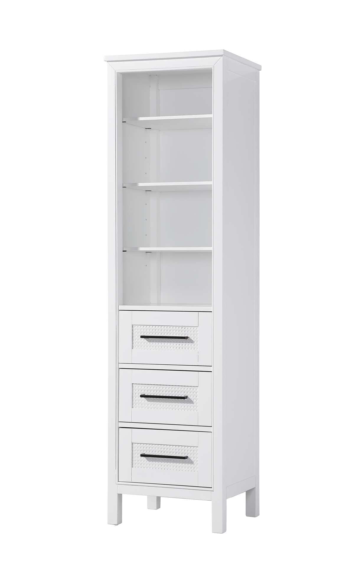 Dimensions
Length: 20"
Width: 18"
Height: 72"
Extension:
Depth:
Table Top Width: 20"
Specifications
Assembly Required: NO
Distressed Finish: NO
Finish (Color): White
Cabinet Material: MDF and Solid wood
Hardware Finish: Black
Harware Material: Aluminum alloy
Product Shape: Rectangle
Product Type: Bathroom Storage Cabinet
Product Warranty: 1 year limited
134
Wire Included: No
Wood Type: rubberwood
Shipment type: LTL
Drawers
Drawers Included: YES
Number of Drawers: 3
False Drawers: NO
Drawer Width: 15.375
Drawer Depth: 15.125
Drawer Height: 8.375
Drawer Handle Designs: Bar pull
Shelves
Number of Shelves: 3
Shelf Width: 17.25
Cabinets
Number of Cabinets: 0
Cabinet Interior Width:
Cabinet Interior Depth:
Cabinet Interior Height: - alternate view