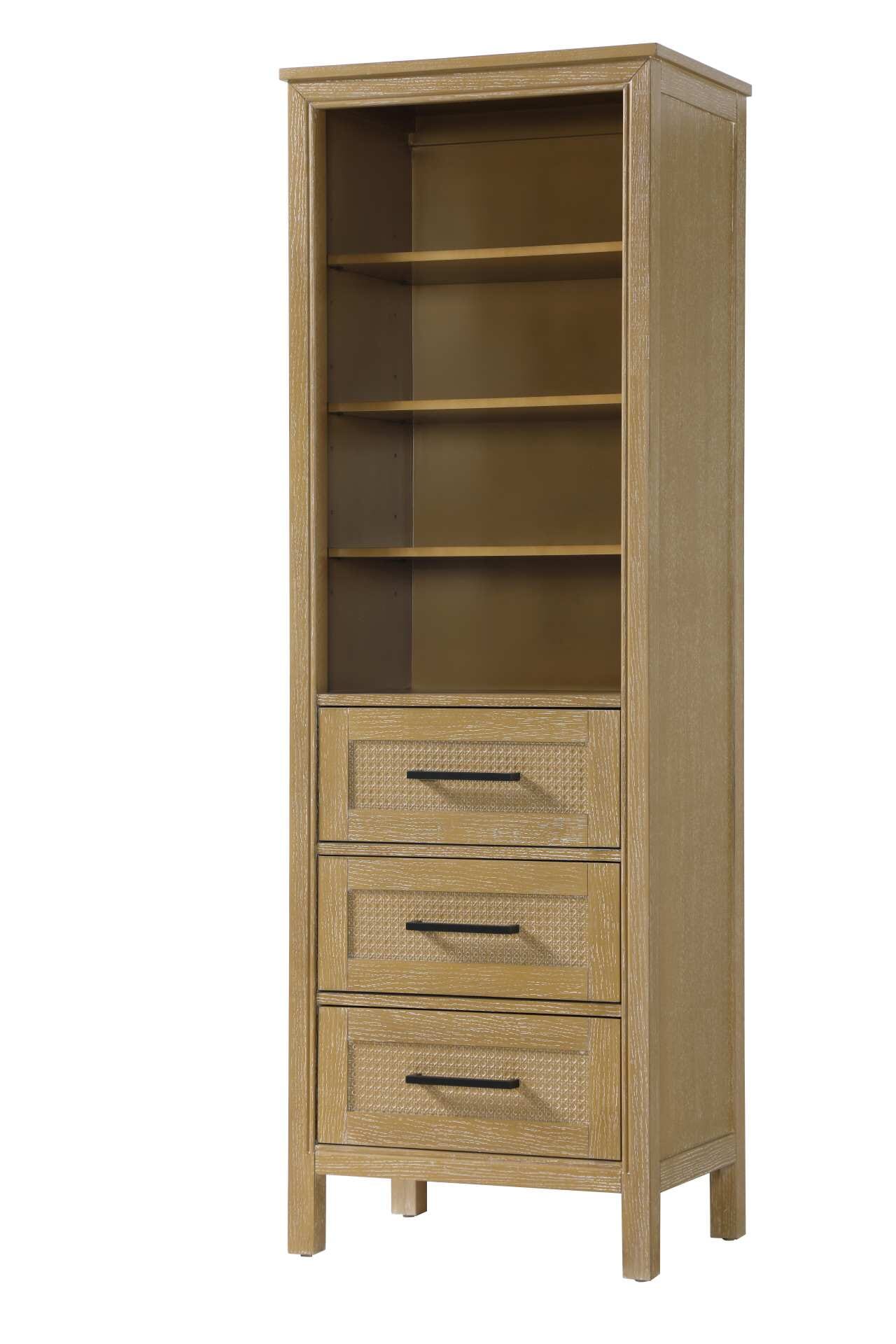 Dimensions
Length: 24"
Width: 18"
Height: 72"
Extension:
Depth:
Table Top Width: 24"
Specifications
Assembly Required: NO
Distressed Finish: NO
Finish (Color): Linen oak
Cabinet Material: MDF and Solid wood
Hardware Finish: Black
Harware Material: Aluminum alloy
Product Shape: Rectangle
Product Type: Bathroom Storage Cabinet
Product Warranty: 1 year limited
150
Wire Included: No
Wood Type: rubberwood
Shipment type: LTL
Drawers
Drawers Included: YES
Number of Drawers: 3
False Drawers: NO
Drawer Width: 19.375
Drawer Depth: 15.125
Drawer Height: 8.375
Drawer Handle Designs: Bar pull
Shelves
Number of Shelves: 3
Shelf Width: 21.25
Cabinets
Number of Cabinets: 0
Cabinet Interior Width:
Cabinet Interior Depth:
Cabinet Interior Height: - alternate view