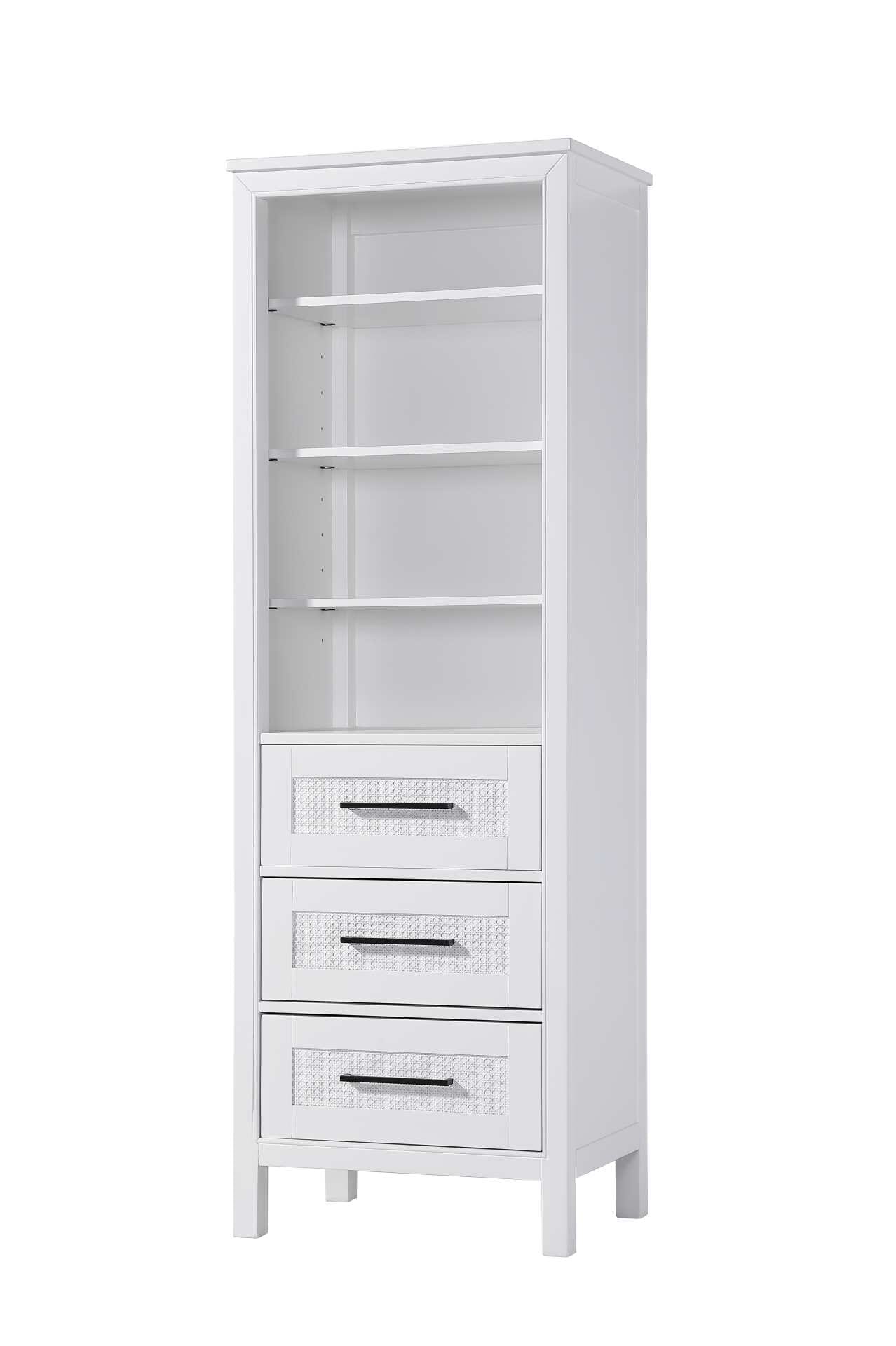 Dimensions
Length: 24"
Width: 18"
Height: 72"
Extension:
Depth:
Table Top Width: 24"
Specifications
Assembly Required: NO
Distressed Finish: NO
Finish (Color): White
Cabinet Material: MDF and Solid wood
Hardware Finish: Black
Harware Material: Aluminum alloy
Product Shape: Rectangle
Product Type: Bathroom Storage Cabinet
Product Warranty: 1 year limited
150
Wire Included: No
Wood Type: rubberwood
Shipment type: LTL
Drawers
Drawers Included: YES
Number of Drawers: 3
False Drawers: NO
Drawer Width: 19.375
Drawer Depth: 15.125
Drawer Height: 8.375
Drawer Handle Designs: Bar pull
Shelves
Number of Shelves: 3
Shelf Width: 21.25
Cabinets
Number of Cabinets: 0
Cabinet Interior Width:
Cabinet Interior Depth:
Cabinet Interior Height: - alternate view