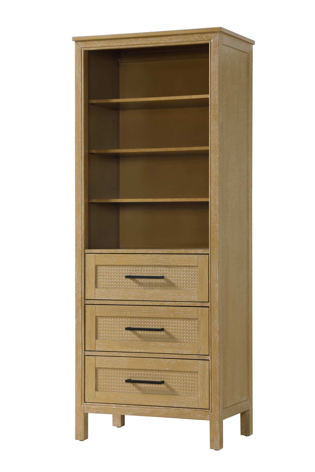 Dimensions
Length: 28"
Width: 18"
Height: 72"
Extension:
Depth:
Table Top Width: 28"
Specifications
Assembly Required: NO
Distressed Finish: NO
Finish (Color): Linen oak
Cabinet Material: MDF and Solid wood
Hardware Finish: Black
Harware Material: Aluminum alloy
Product Shape: Rectangle
Product Type: Bathroom Storage Cabinet
Product Warranty: 1 year limited
161
Wire Included: No
Wood Type: rubberwood
Shipment type: LTL
Drawers
Drawers Included: YES
Number of Drawers: 3
False Drawers: NO
Drawer Width: 23.25
Drawer Depth: 15.125
Drawer Height: 8.375
Drawer Handle Designs: Bar pull
Shelves
Number of Shelves: 3
Shelf Width: 25.25
Cabinets
Number of Cabinets: 0
Cabinet Interior Width:
Cabinet Interior Depth:
Cabinet Interior Height: - alternate view