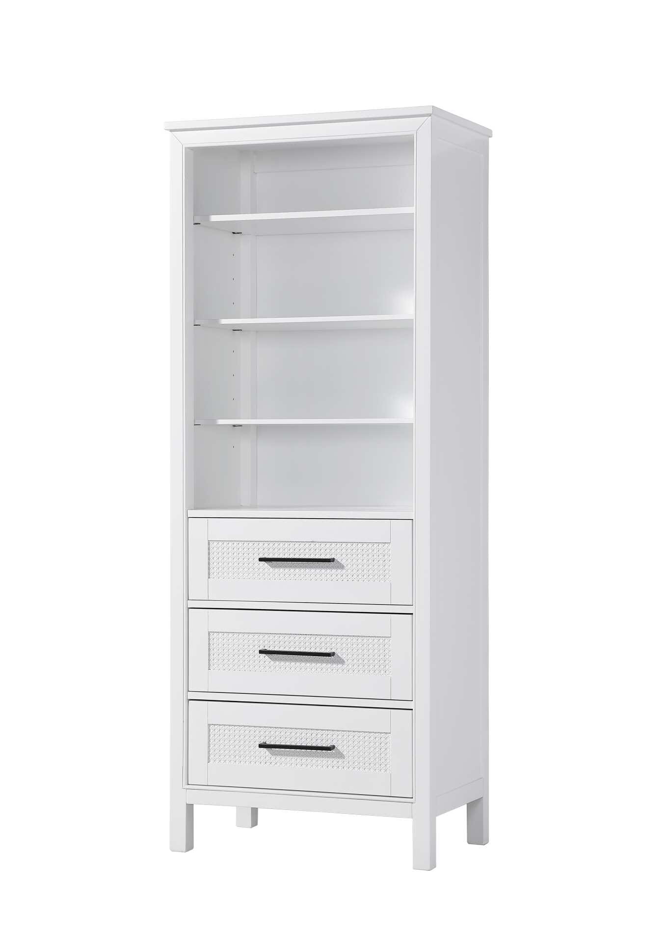 Dimensions
Length: 28"
Width: 18"
Height: 72"
Extension:
Depth:
Table Top Width: 28"
Specifications
Assembly Required: NO
Distressed Finish: NO
Finish (Color): White
Cabinet Material: MDF and Solid wood
Hardware Finish: Black
Harware Material: Aluminum alloy
Product Shape: Rectangle
Product Type: Bathroom Storage Cabinet
Product Warranty: 1 year limited
161
Wire Included: No
Wood Type: rubberwood
Shipment type: LTL
Drawers
Drawers Included: YES
Number of Drawers: 3
False Drawers: NO
Drawer Width: 23.25
Drawer Depth: 15.125
Drawer Height: 8.375
Drawer Handle Designs: Bar pull
Shelves
Number of Shelves: 3
Shelf Width: 25.25
Cabinets
Number of Cabinets: 0
Cabinet Interior Width:
Cabinet Interior Depth:
Cabinet Interior Height: - alternate view