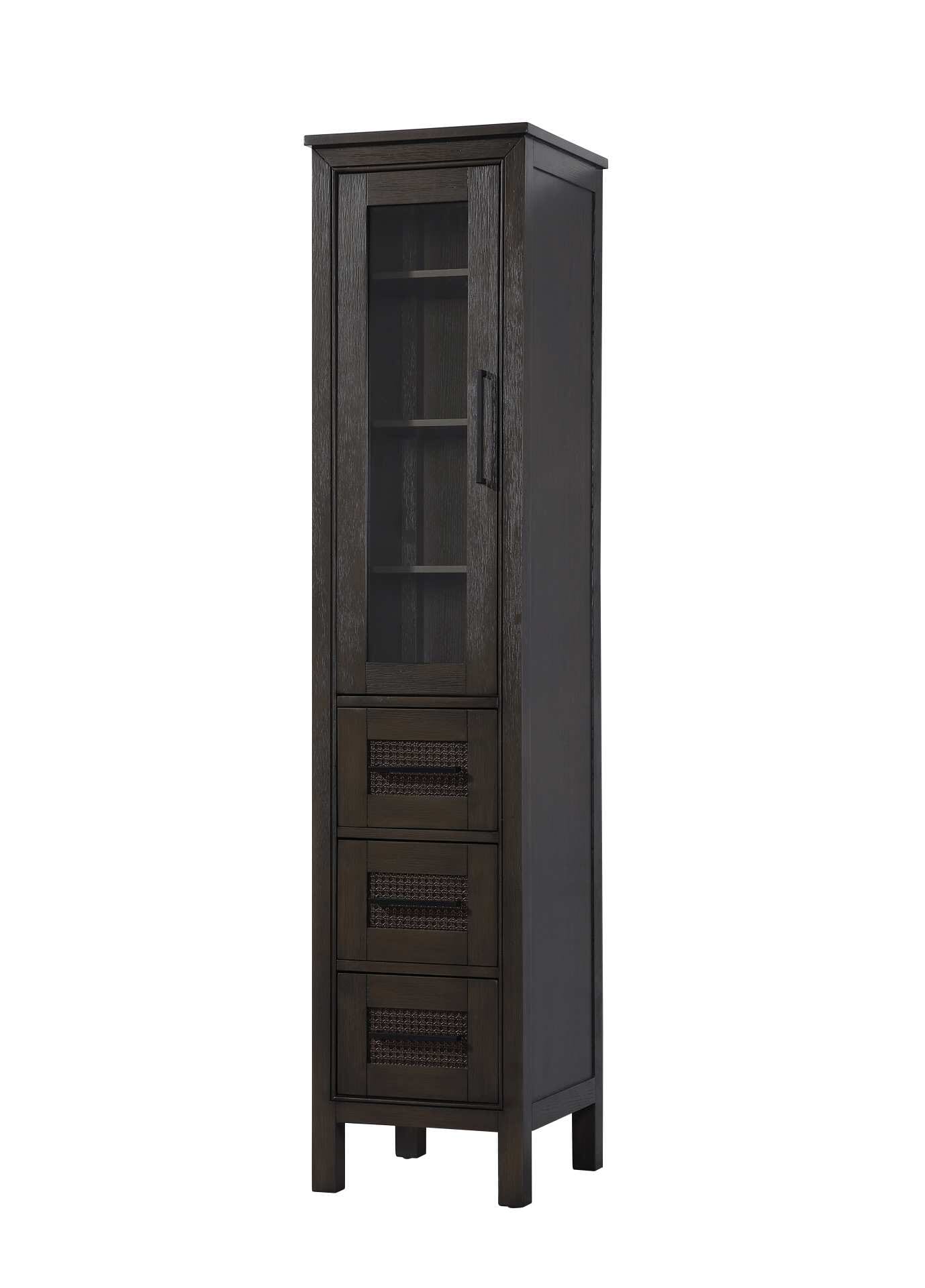 Dimensions
Length: 16"
Width: 18"
Height: 72"
Extension:
Depth:
Table Top Width: 16"
Specifications
Assembly Required: NO
Distressed Finish: NO
Finish (Color): Chocolate Oak
Cabinet Material: MDF and Solid wood and glass
Hardware Finish: Black
Harware Material: Aluminum alloy
Product Shape: Rectangle
Product Type: Bathroom Storage Cabinet
Product Warranty: 1 year limited
125
Wire Included: No
Wood Type: rubberwood
Shipment type: LTL
Drawers
Drawers Included: YES
Number of Drawers: 3
False Drawers: NO
Drawer Width: 11.25
Drawer Depth: 15.125
Drawer Height: 8.375
Drawer Handle Designs: Bar pull
Shelves
Number of Shelves: 3
Shelf Width: 13.25
Cabinets
Number of Cabinets: 1
Cabinet Interior Width: 11.25
Cabinet Interior Depth: 17.32
Cabinet Interior Height: 35.5 - alternate view