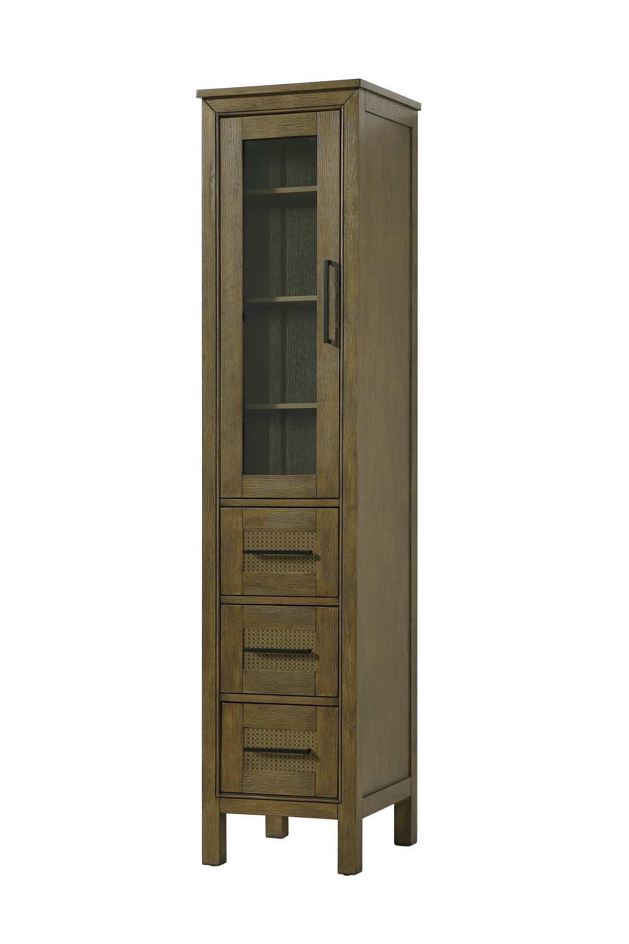 Dimensions
Length: 16"
Width: 18"
Height: 72"
Extension:
Depth:
Table Top Width: 16"
Specifications
Assembly Required: NO
Distressed Finish: NO
Finish (Color): Hazel Oak
Cabinet Material: MDF and Solid wood and glass
Hardware Finish: Black
Harware Material: Aluminum alloy
Product Shape: Rectangle
Product Type: Bathroom Storage Cabinet
Product Warranty: 1 year limited
125
Wire Included: No
Wood Type: rubberwood
Shipment type: LTL
Drawers
Drawers Included: YES
Number of Drawers: 3
False Drawers: NO
Drawer Width: 11.25
Drawer Depth: 15.125
Drawer Height: 8.375
Drawer Handle Designs: Bar pull
Shelves
Number of Shelves: 3
Shelf Width: 13.25
Cabinets
Number of Cabinets: 1
Cabinet Interior Width: 11.25
Cabinet Interior Depth: 17.32
Cabinet Interior Height: 35.5 - alternate view