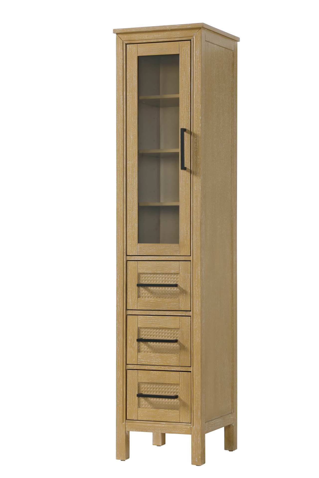 Dimensions
Length: 16"
Width: 18"
Height: 72"
Extension:
Depth:
Table Top Width: 16"
Specifications
Assembly Required: NO
Distressed Finish: NO
Finish (Color): Linen oak
Cabinet Material: MDF and Solid wood and glass
Hardware Finish: Black
Harware Material: Aluminum alloy
Product Shape: Rectangle
Product Type: Bathroom Storage Cabinet
Product Warranty: 1 year limited
125
Wire Included: No
Wood Type: rubberwood
Shipment type: LTL
Drawers
Drawers Included: YES
Number of Drawers: 3
False Drawers: NO
Drawer Width: 11.25
Drawer Depth: 15.125
Drawer Height: 8.375
Drawer Handle Designs: Bar pull
Shelves
Number of Shelves: 3
Shelf Width: 13.25
Cabinets
Number of Cabinets: 1
Cabinet Interior Width: 11.25
Cabinet Interior Depth: 17.32
Cabinet Interior Height: 35.5 - alternate view