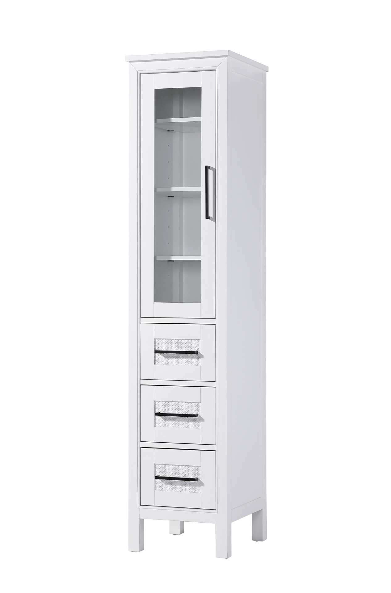 Dimensions
Length: 16"
Width: 18"
Height: 72"
Extension:
Depth:
Table Top Width: 16"
Specifications
Assembly Required: NO
Distressed Finish: NO
Finish (Color): White
Cabinet Material: MDF and Solid wood and glass
Hardware Finish: Black
Harware Material: Aluminum alloy
Product Shape: Rectangle
Product Type: Bathroom Storage Cabinet
Product Warranty: 1 year limited
125
Wire Included: No
Wood Type: rubberwood
Shipment type: LTL
Drawers
Drawers Included: YES
Number of Drawers: 3
False Drawers: NO
Drawer Width: 11.25
Drawer Depth: 15.125
Drawer Height: 8.375
Drawer Handle Designs: Bar pull
Shelves
Number of Shelves: 3
Shelf Width: 13.25
Cabinets
Number of Cabinets: 1
Cabinet Interior Width: 11.25
Cabinet Interior Depth: 17.32
Cabinet Interior Height: 35.5 - alternate view