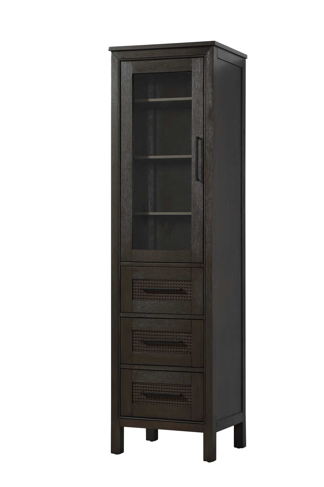 Dimensions
Length: 20"
Width: 18"
Height: 72"
Extension:
Depth:
Table Top Width: 20"
Specifications
Assembly Required: NO
Distressed Finish: NO
Finish (Color): Chocolate Oak
Cabinet Material: MDF and Solid wood and glass
Hardware Finish: Black
Harware Material: Aluminum alloy
Product Shape: Rectangle
Product Type: Bathroom Storage Cabinet
Product Warranty: 1 year limited
143
Wire Included: No
Wood Type: rubberwood
Shipment type: LTL
Drawers
Drawers Included: YES
Number of Drawers: 3
False Drawers: NO
Drawer Width: 15.375
Drawer Depth: 15.125
Drawer Height: 8.375
Drawer Handle Designs: Bar pull
Shelves
Number of Shelves: 3
Shelf Width: 17.25
Cabinets
Number of Cabinets: 1
Cabinet Interior Width: 15.375
Cabinet Interior Depth: 17.32
Cabinet Interior Height: 35.5 - alternate view