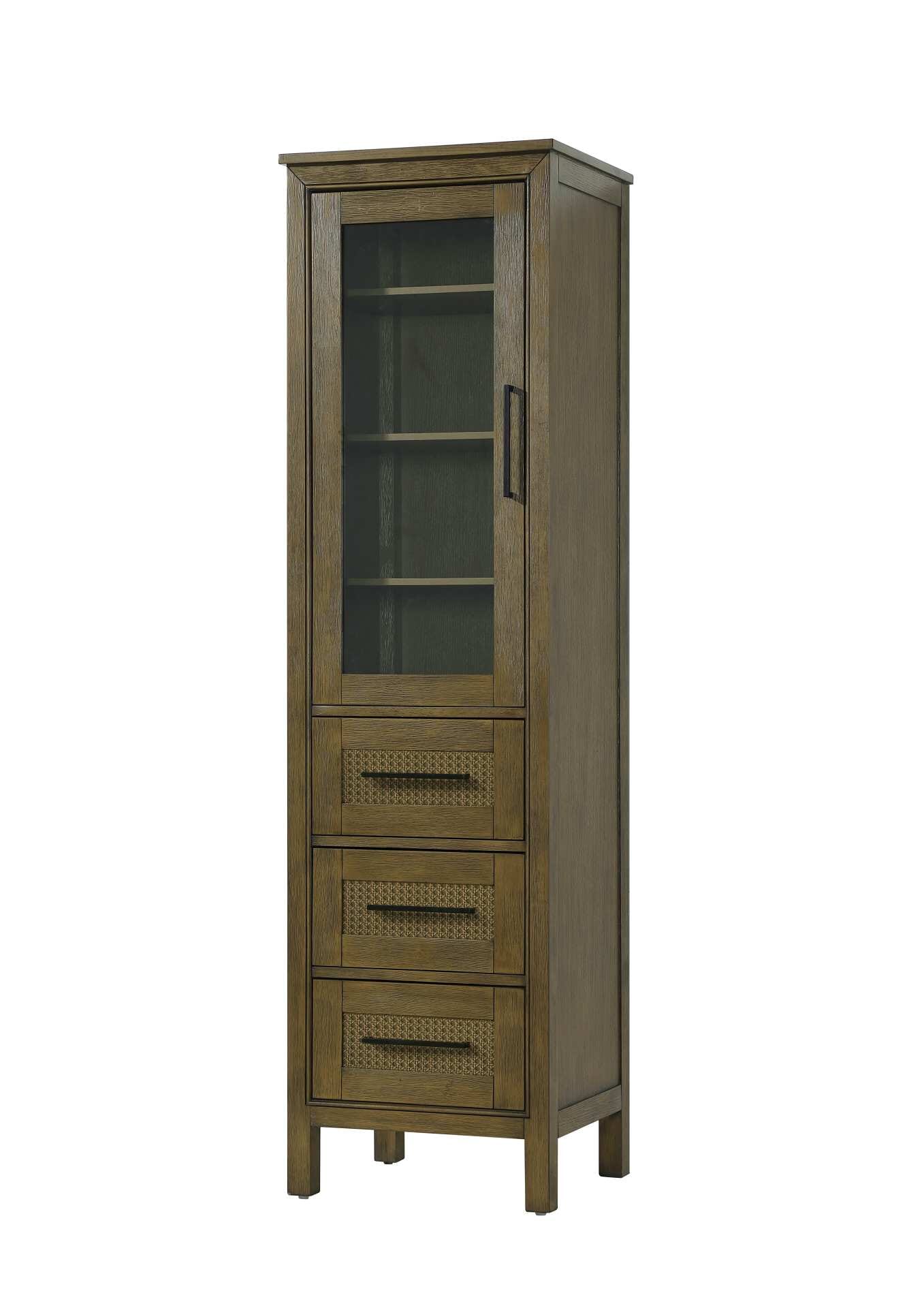 Dimensions
Length: 20"
Width: 18"
Height: 72"
Extension:
Depth:
Table Top Width: 20"
Specifications
Assembly Required: NO
Distressed Finish: NO
Finish (Color): Hazel Oak
Cabinet Material: MDF and Solid wood and glass
Hardware Finish: Black
Harware Material: Aluminum alloy
Product Shape: Rectangle
Product Type: Bathroom Storage Cabinet
Product Warranty: 1 year limited
143
Wire Included: No
Wood Type: rubberwood
Shipment type: LTL
Drawers
Drawers Included: YES
Number of Drawers: 3
False Drawers: NO
Drawer Width: 15.375
Drawer Depth: 15.125
Drawer Height: 8.375
Drawer Handle Designs: Bar pull
Shelves
Number of Shelves: 3
Shelf Width: 17.25
Cabinets
Number of Cabinets: 1
Cabinet Interior Width: 15.375
Cabinet Interior Depth: 17.32
Cabinet Interior Height: 35.5 - alternate view