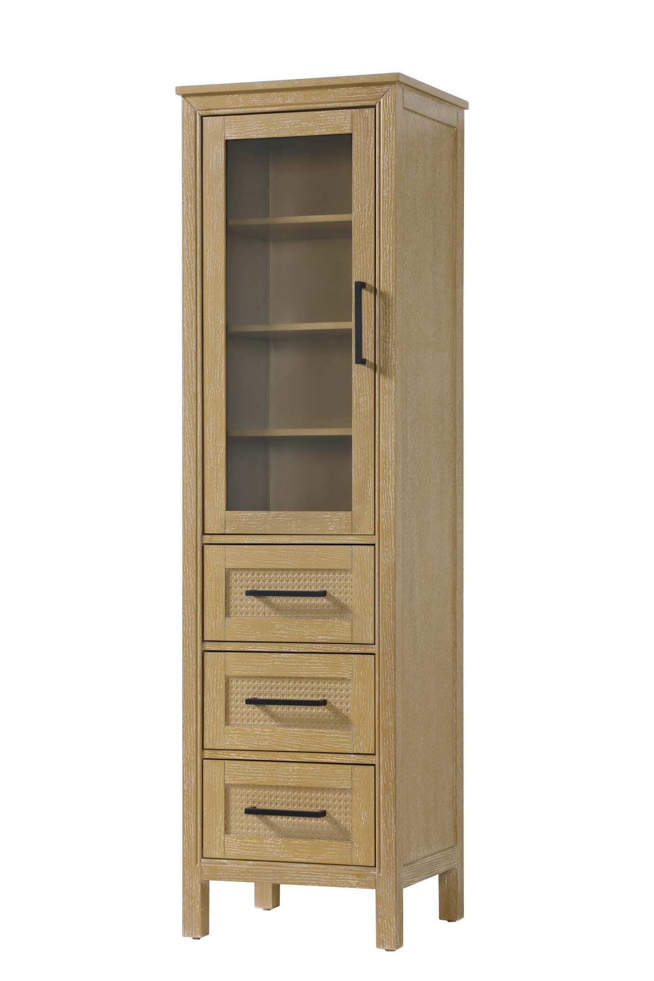Dimensions
Length: 20"
Width: 18"
Height: 72"
Extension:
Depth:
Table Top Width: 20"
Specifications
Assembly Required: NO
Distressed Finish: NO
Finish (Color): Linen oak
Cabinet Material: MDF and Solid wood and glass
Hardware Finish: Black
Harware Material: Aluminum alloy
Product Shape: Rectangle
Product Type: Bathroom Storage Cabinet
Product Warranty: 1 year limited
143
Wire Included: No
Wood Type: rubberwood
Shipment type: LTL
Drawers
Drawers Included: YES
Number of Drawers: 3
False Drawers: NO
Drawer Width: 15.375
Drawer Depth: 15.125
Drawer Height: 8.375
Drawer Handle Designs: Bar pull
Shelves
Number of Shelves: 3
Shelf Width: 17.25
Cabinets
Number of Cabinets: 1
Cabinet Interior Width: 15.375
Cabinet Interior Depth: 17.32
Cabinet Interior Height: 35.5 - alternate view