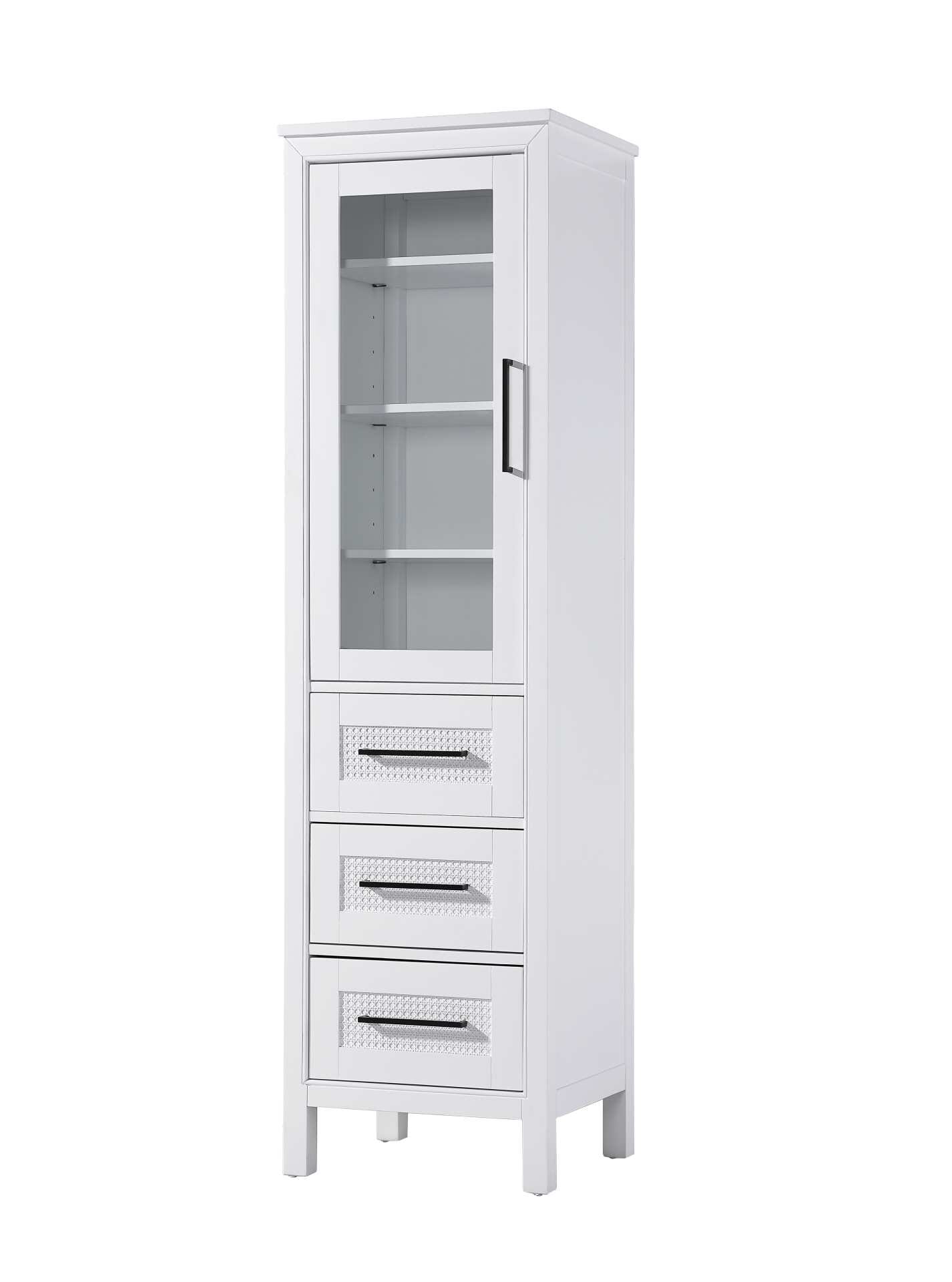 Dimensions
Length: 20"
Width: 18"
Height: 72"
Extension:
Depth:
Table Top Width: 20"
Specifications
Assembly Required: NO
Distressed Finish: NO
Finish (Color): White
Cabinet Material: MDF and Solid wood and glass
Hardware Finish: Black
Harware Material: Aluminum alloy
Product Shape: Rectangle
Product Type: Bathroom Storage Cabinet
Product Warranty: 1 year limited
143
Wire Included: No
Wood Type: rubberwood
Shipment type: LTL
Drawers
Drawers Included: YES
Number of Drawers: 3
False Drawers: NO
Drawer Width: 15.375
Drawer Depth: 15.125
Drawer Height: 8.375
Drawer Handle Designs: Bar pull
Shelves
Number of Shelves: 3
Shelf Width: 17.25
Cabinets
Number of Cabinets: 1
Cabinet Interior Width: 15.375
Cabinet Interior Depth: 17.32
Cabinet Interior Height: 35.5 - alternate view