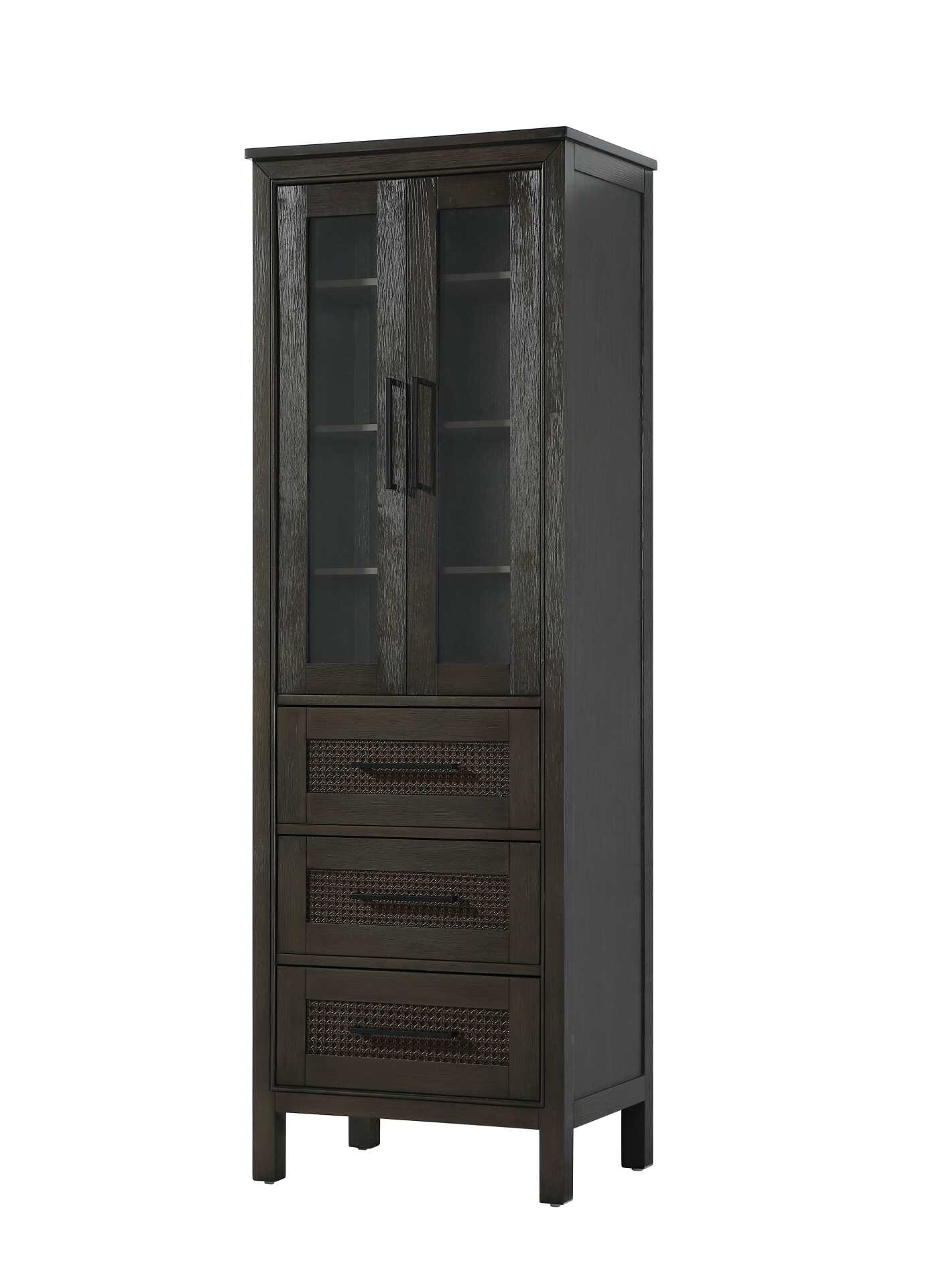 Dimensions
Length: 24"
Width: 18"
Height: 72"
Extension:
Depth:
Table Top Width: 24"
Specifications
Assembly Required: NO
Distressed Finish: NO
Finish (Color): Chocolate Oak
Cabinet Material: MDF and Solid wood and glass
Hardware Finish: Black
Harware Material: Aluminum alloy
Product Shape: Rectangle
Product Type: Bathroom Storage Cabinet
Product Warranty: 1 year limited
158
Wire Included: No
Wood Type: rubberwood
Shipment type: LTL
Drawers
Drawers Included: YES
Number of Drawers: 3
False Drawers: NO
Drawer Width: 19.375
Drawer Depth: 15.125
Drawer Height: 8.375
Drawer Handle Designs: Bar pull
Shelves
Number of Shelves: 3
Shelf Width: 21.25
Cabinets
Number of Cabinets: 1
Cabinet Interior Width: 19.375
Cabinet Interior Depth: 17.32
Cabinet Interior Height: 35.5 - alternate view