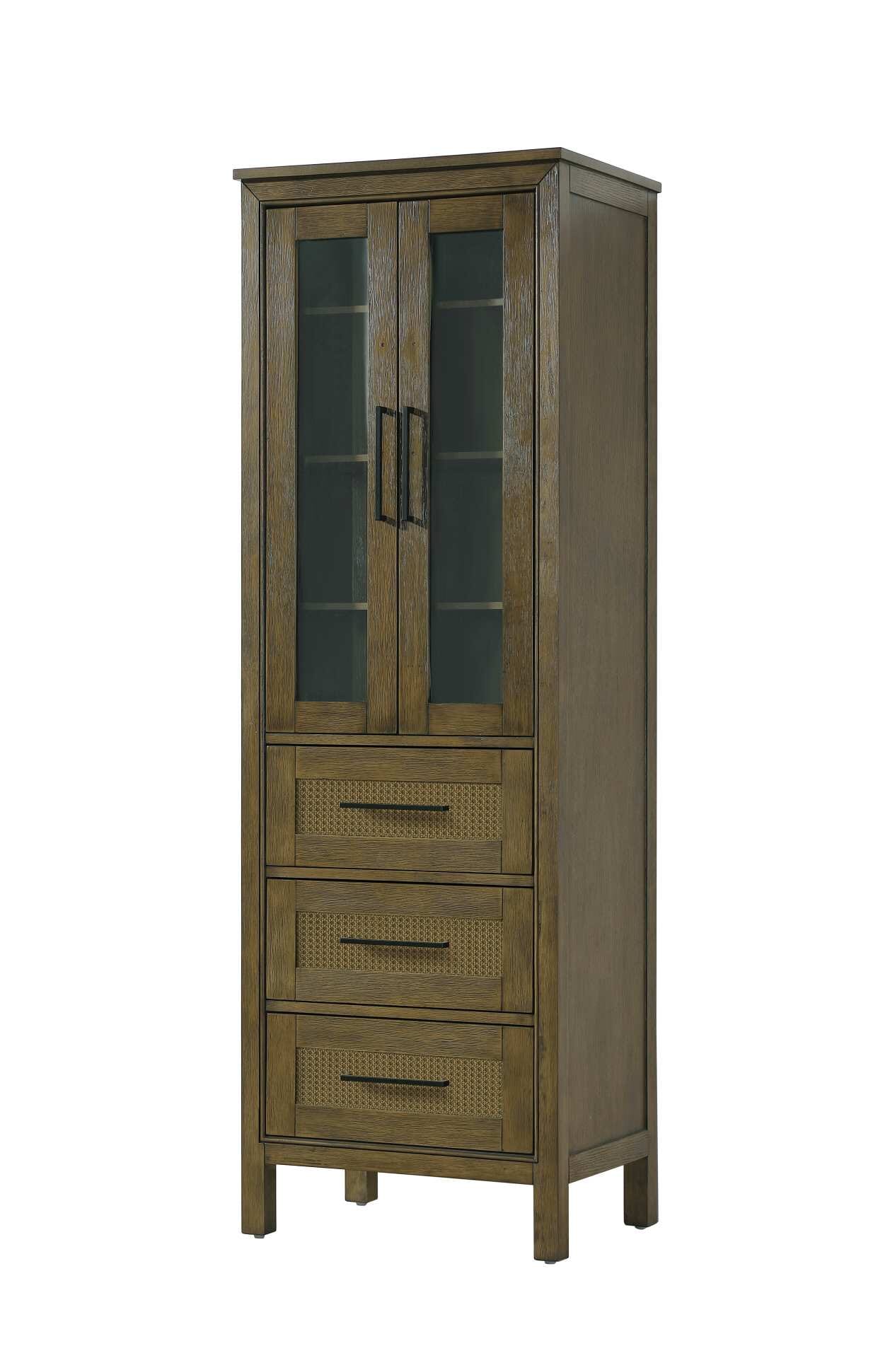 Dimensions
Length: 24"
Width: 18"
Height: 72"
Extension:
Depth:
Table Top Width: 24"
Specifications
Assembly Required: NO
Distressed Finish: NO
Finish (Color): Hazel Oak
Cabinet Material: MDF and Solid wood and glass
Hardware Finish: Black
Harware Material: Aluminum alloy
Product Shape: Rectangle
Product Type: Bathroom Storage Cabinet
Product Warranty: 1 year limited
158
Wire Included: No
Wood Type: rubberwood
Shipment type: LTL
Drawers
Drawers Included: YES
Number of Drawers: 3
False Drawers: NO
Drawer Width: 19.375
Drawer Depth: 15.125
Drawer Height: 8.375
Drawer Handle Designs: Bar pull
Shelves
Number of Shelves: 3
Shelf Width: 21.25
Cabinets
Number of Cabinets: 1
Cabinet Interior Width: 19.375
Cabinet Interior Depth: 17.32
Cabinet Interior Height: 35.5 - alternate view