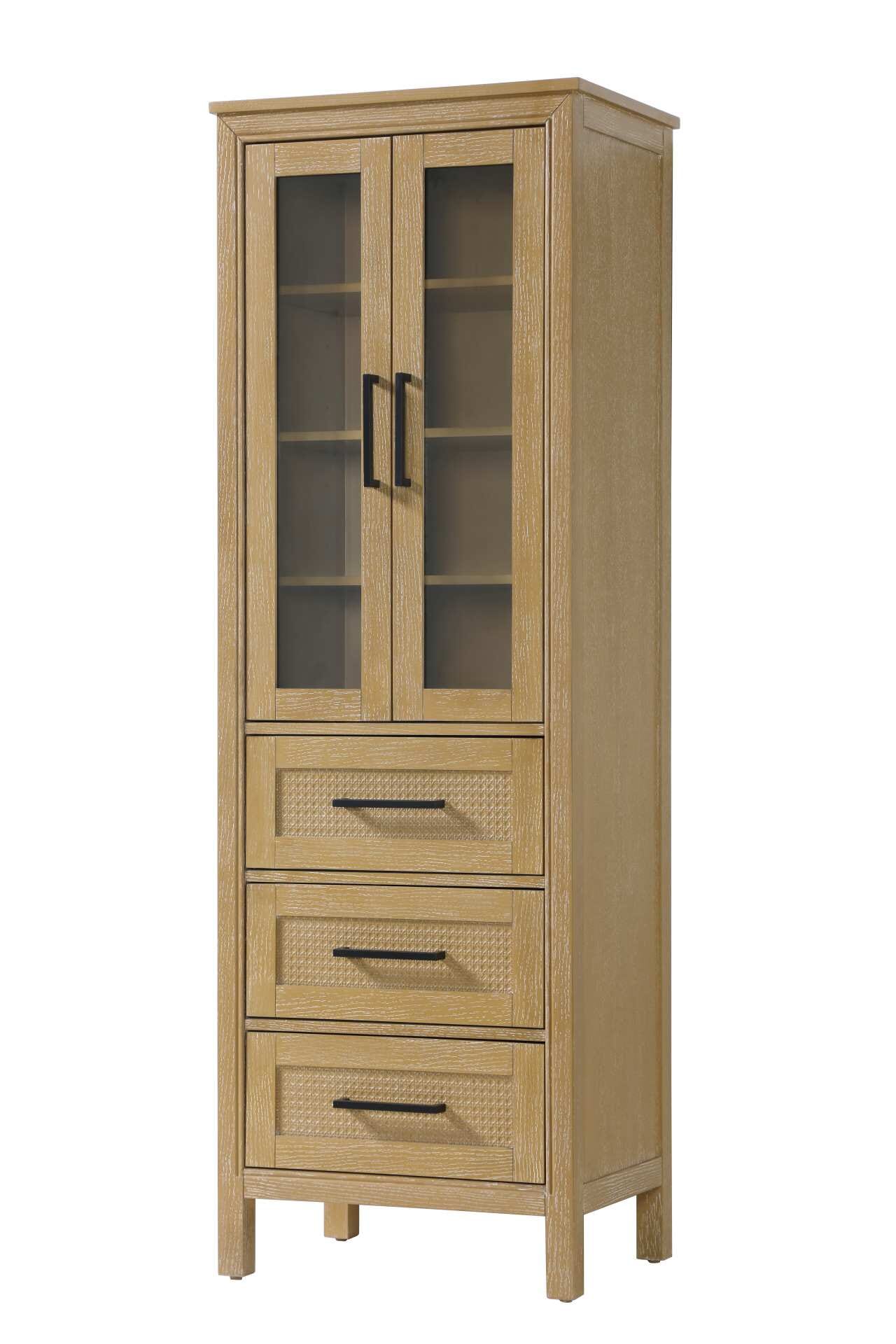 Dimensions
Length: 24"
Width: 18"
Height: 72"
Extension:
Depth:
Table Top Width: 24"
Specifications
Assembly Required: NO
Distressed Finish: NO
Finish (Color): Linen oak
Cabinet Material: MDF and Solid wood and glass
Hardware Finish: Black
Harware Material: Aluminum alloy
Product Shape: Rectangle
Product Type: Bathroom Storage Cabinet
Product Warranty: 1 year limited
158
Wire Included: No
Wood Type: rubberwood
Shipment type: LTL
Drawers
Drawers Included: YES
Number of Drawers: 3
False Drawers: NO
Drawer Width: 19.375
Drawer Depth: 15.125
Drawer Height: 8.375
Drawer Handle Designs: Bar pull
Shelves
Number of Shelves: 3
Shelf Width: 21.25
Cabinets
Number of Cabinets: 1
Cabinet Interior Width: 19.375
Cabinet Interior Depth: 17.32
Cabinet Interior Height: 35.5 - alternate view