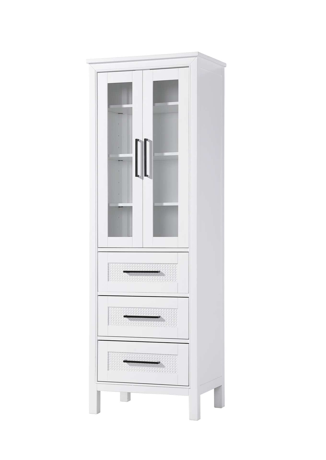 Dimensions
Length: 24"
Width: 18"
Height: 72"
Extension:
Depth:
Table Top Width: 24"
Specifications
Assembly Required: NO
Distressed Finish: NO
Finish (Color): White
Cabinet Material: MDF and Solid wood and glass
Hardware Finish: Black
Harware Material: Aluminum alloy
Product Shape: Rectangle
Product Type: Bathroom Storage Cabinet
Product Warranty: 1 year limited
158
Wire Included: No
Wood Type: rubberwood
Shipment type: LTL
Drawers
Drawers Included: YES
Number of Drawers: 3
False Drawers: NO
Drawer Width: 19.375
Drawer Depth: 15.125
Drawer Height: 8.375
Drawer Handle Designs: Bar pull
Shelves
Number of Shelves: 3
Shelf Width: 21.25
Cabinets
Number of Cabinets: 1
Cabinet Interior Width: 19.375
Cabinet Interior Depth: 17.32
Cabinet Interior Height: 35.5 - alternate view
